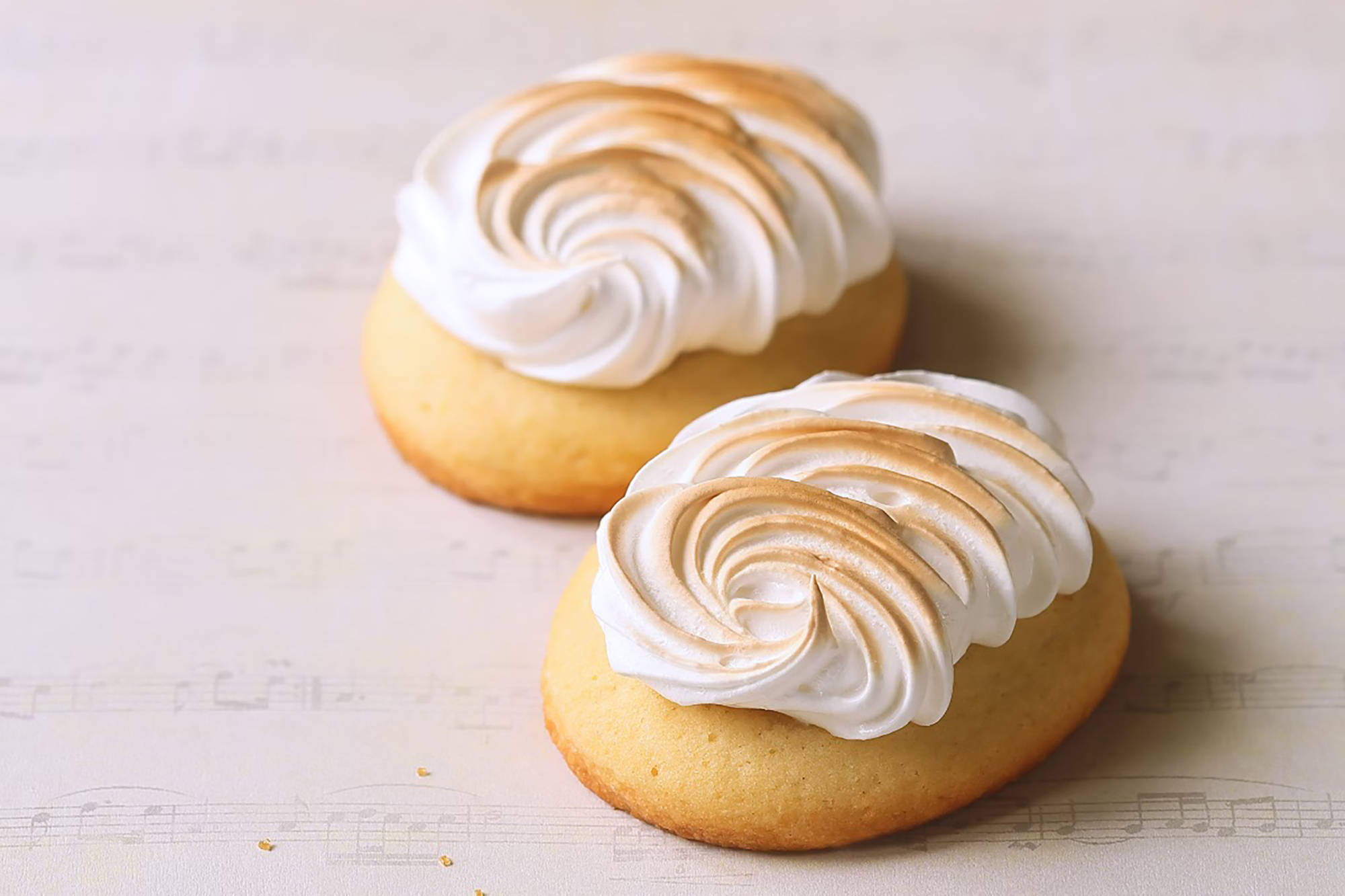 Zwei Plätzchen mit Baiserhaube, kunstvoll aufgetragen und leicht angebräunt.