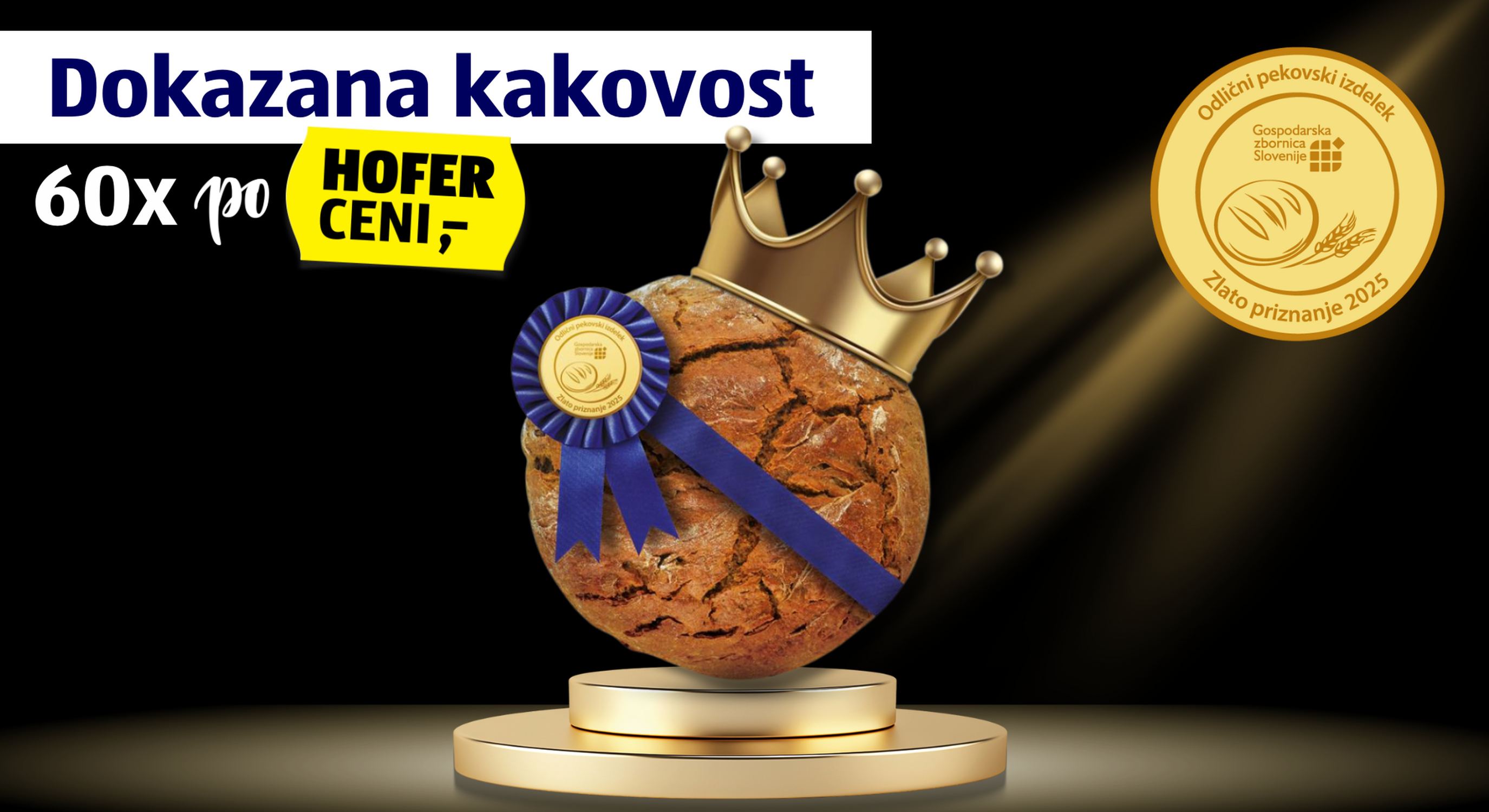 Napis: Dokazana kakovost 60x po HOFER CENI, v ozadju pekovski izdelek na pedestalu