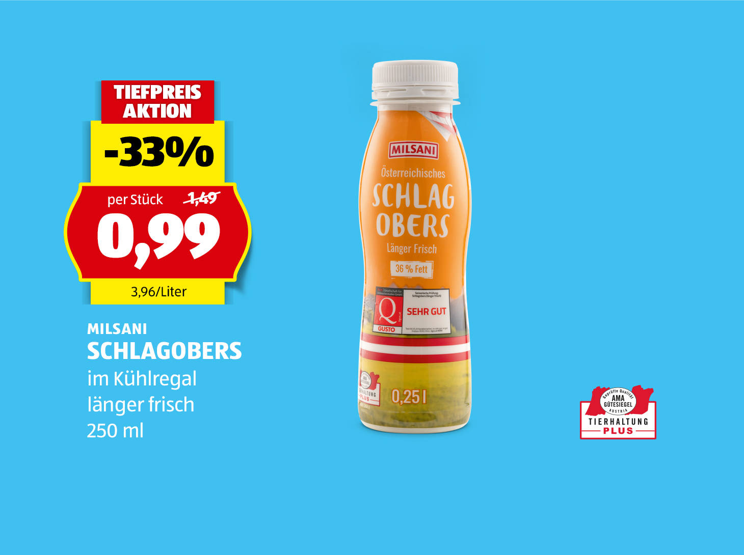 Milsani Schlagobers, 250 ml, statt € 1,49 per Stück nur € 0,99