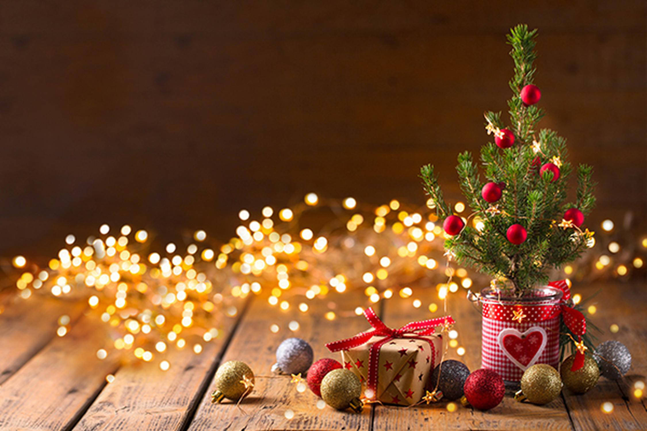 Lichterkette und ein kleiner getopfter Baum mit Christbaumkugeln