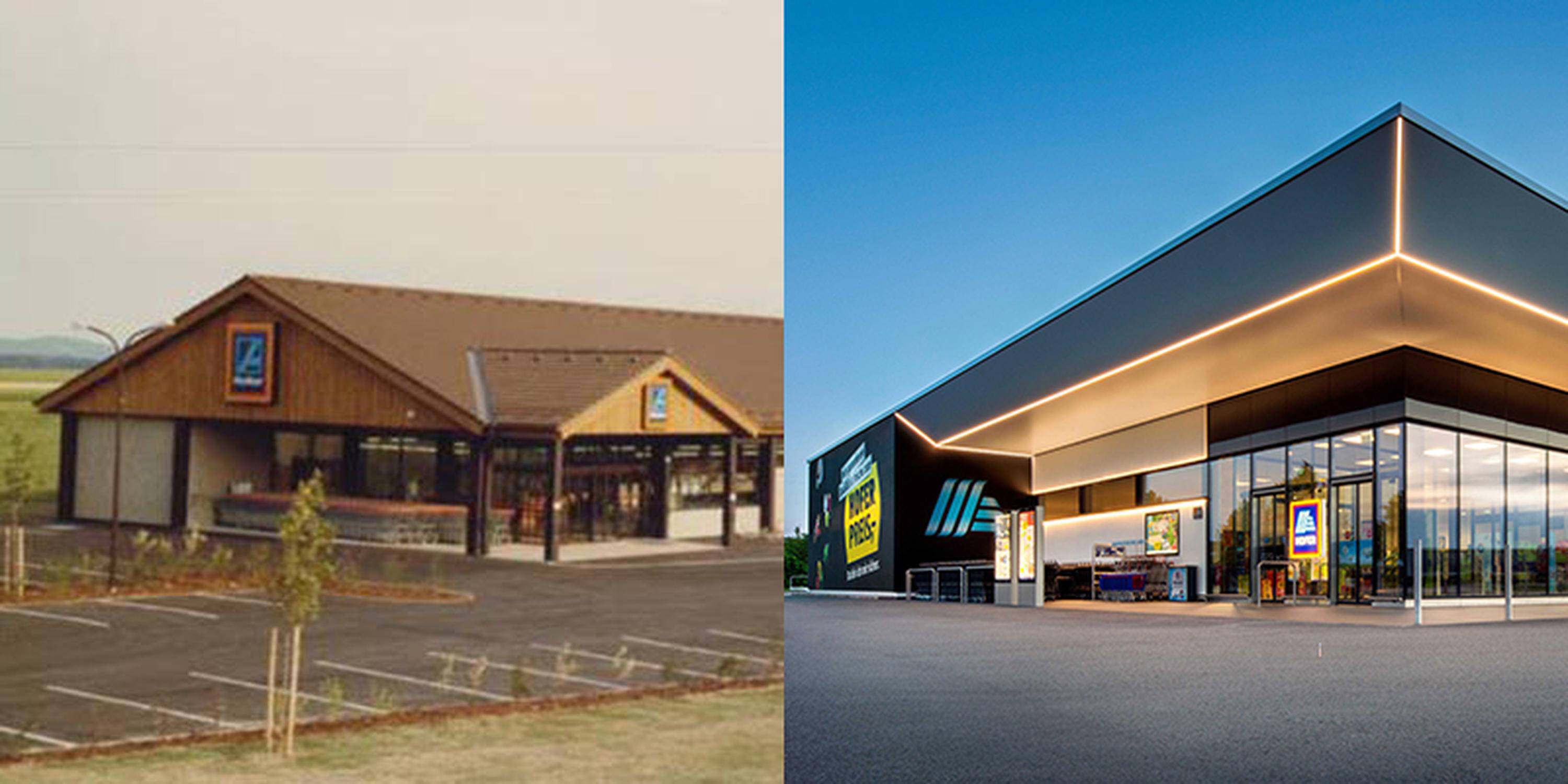 Vergleich alter HOFER Markt links vs. neuer HOFER Markt rechts.