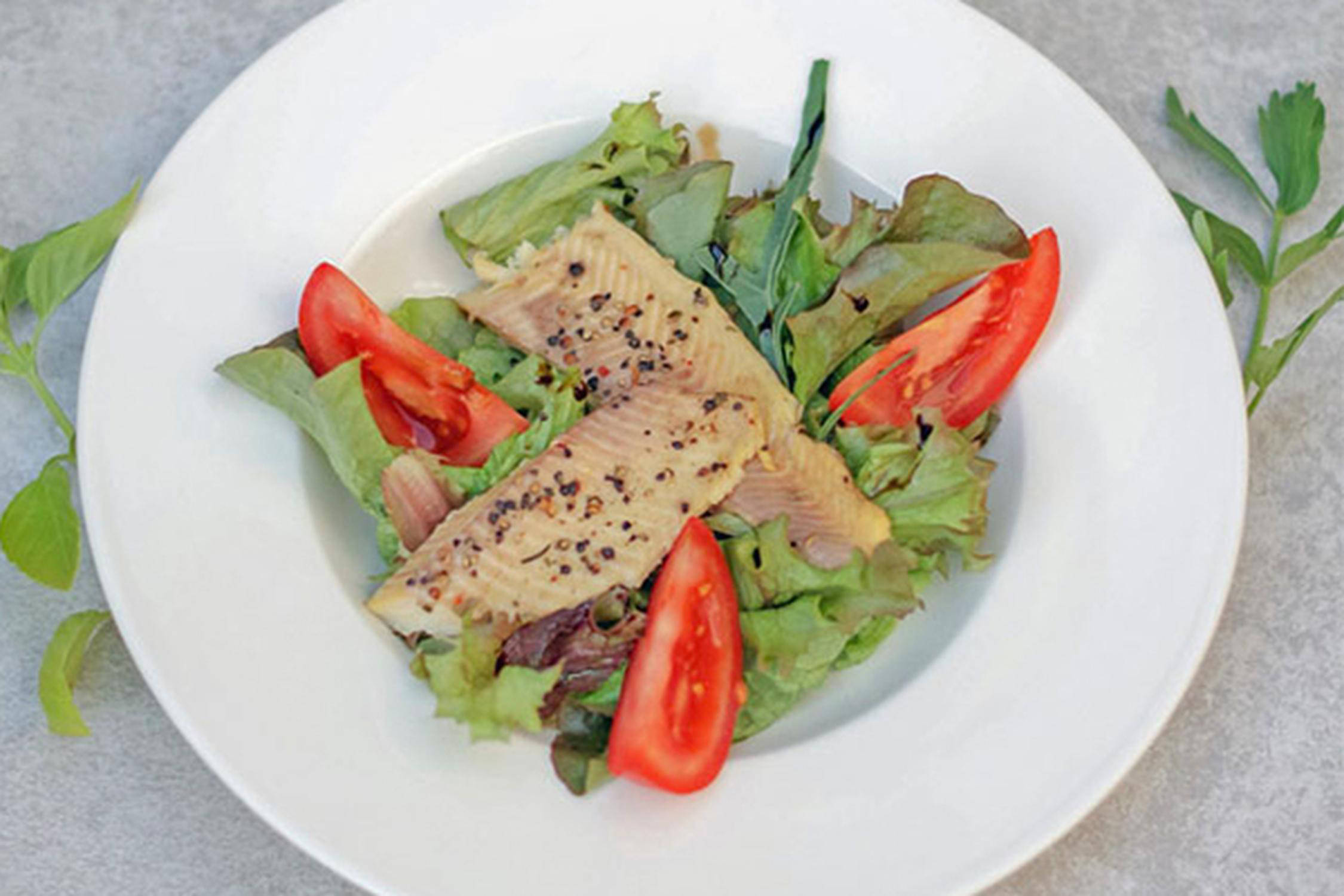Teller mit Blatt- und Tomatensalat darauf liegen zwei Fischfilets.