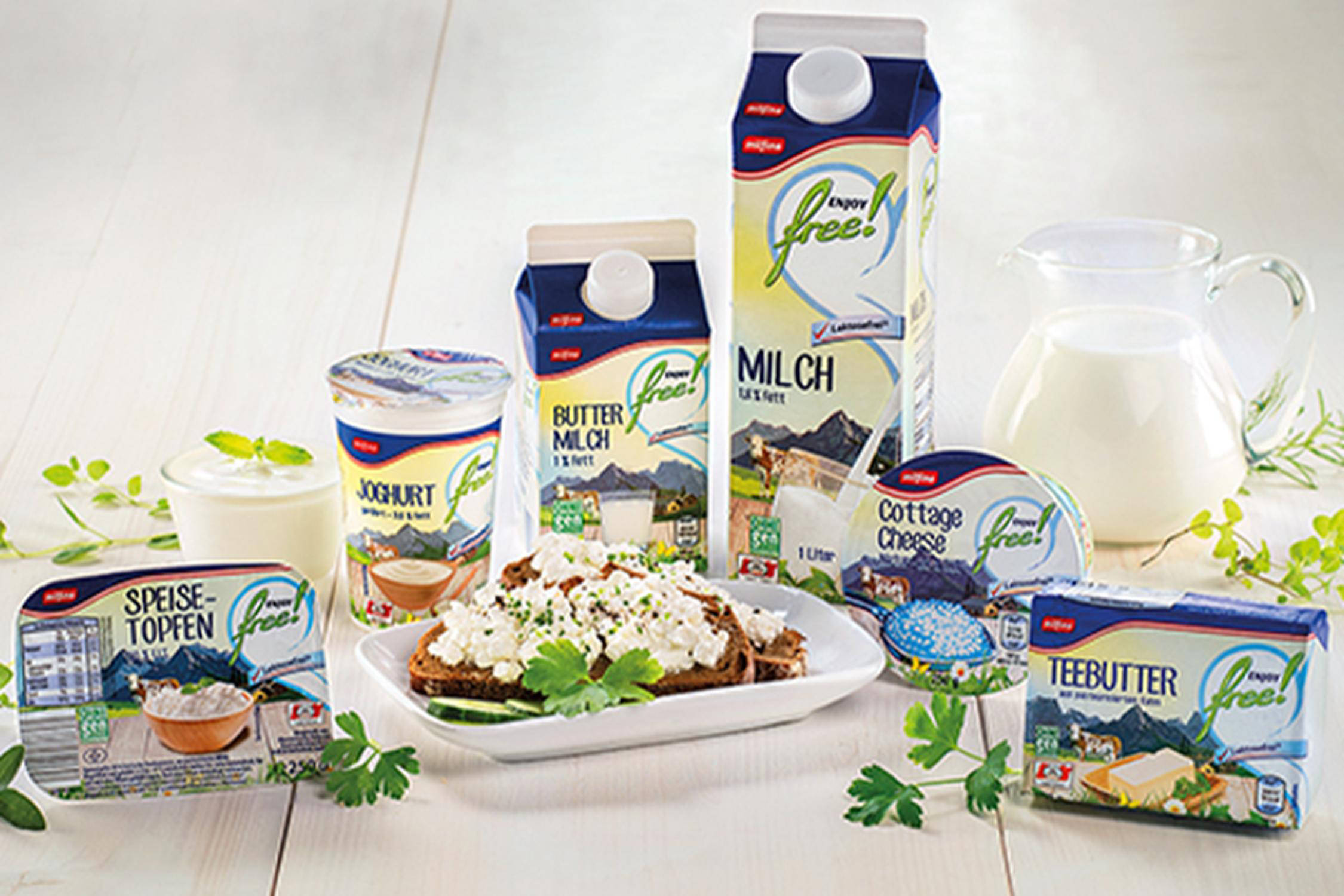 Verpackungen mit Topfen, Joghurt, Buttermilch, Milch,  Cottage Cheese und Butter stehen nebeneinander