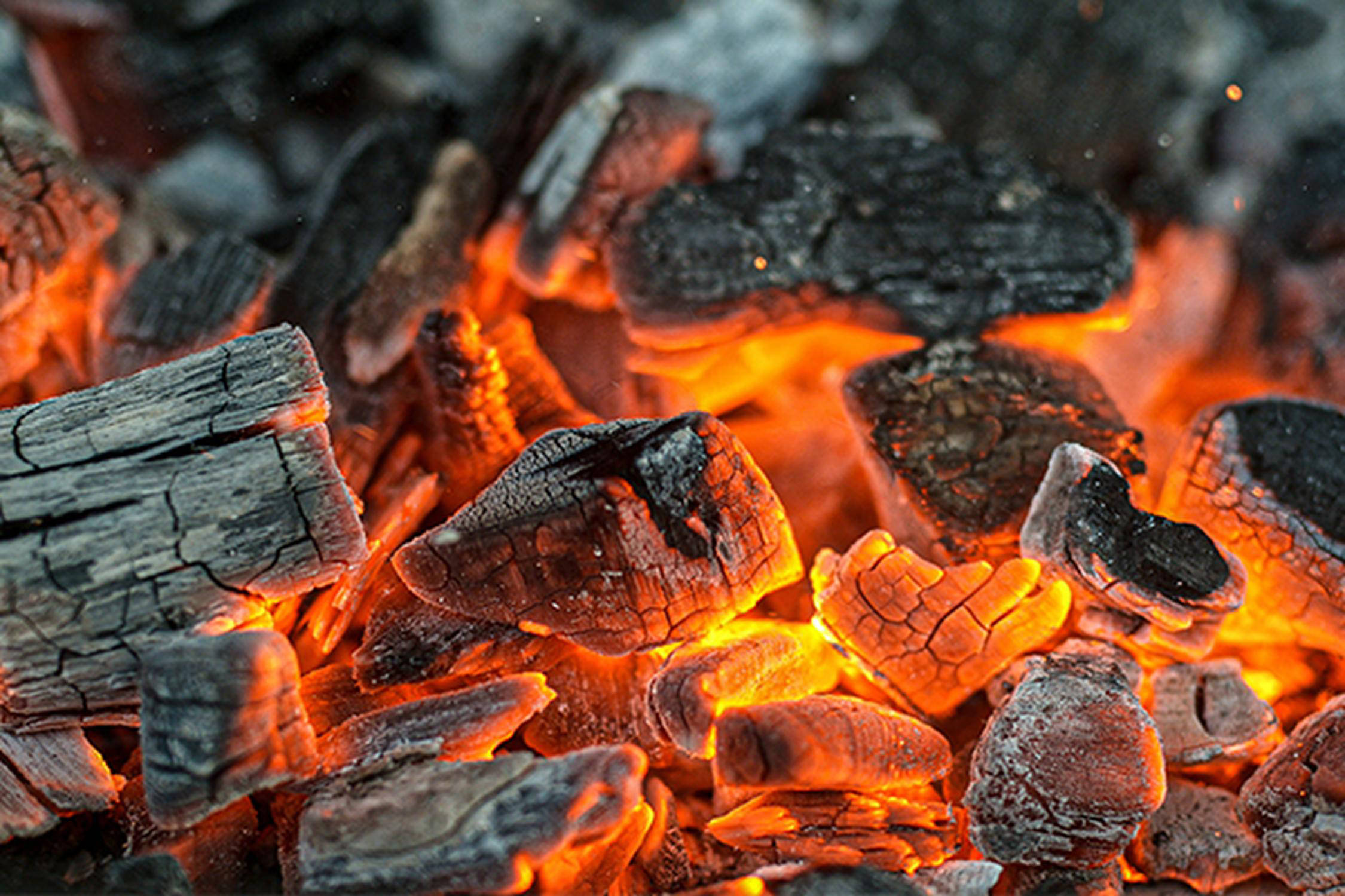 Auf dem Bild sind glühende Holzkohle Briketts zu sehen.