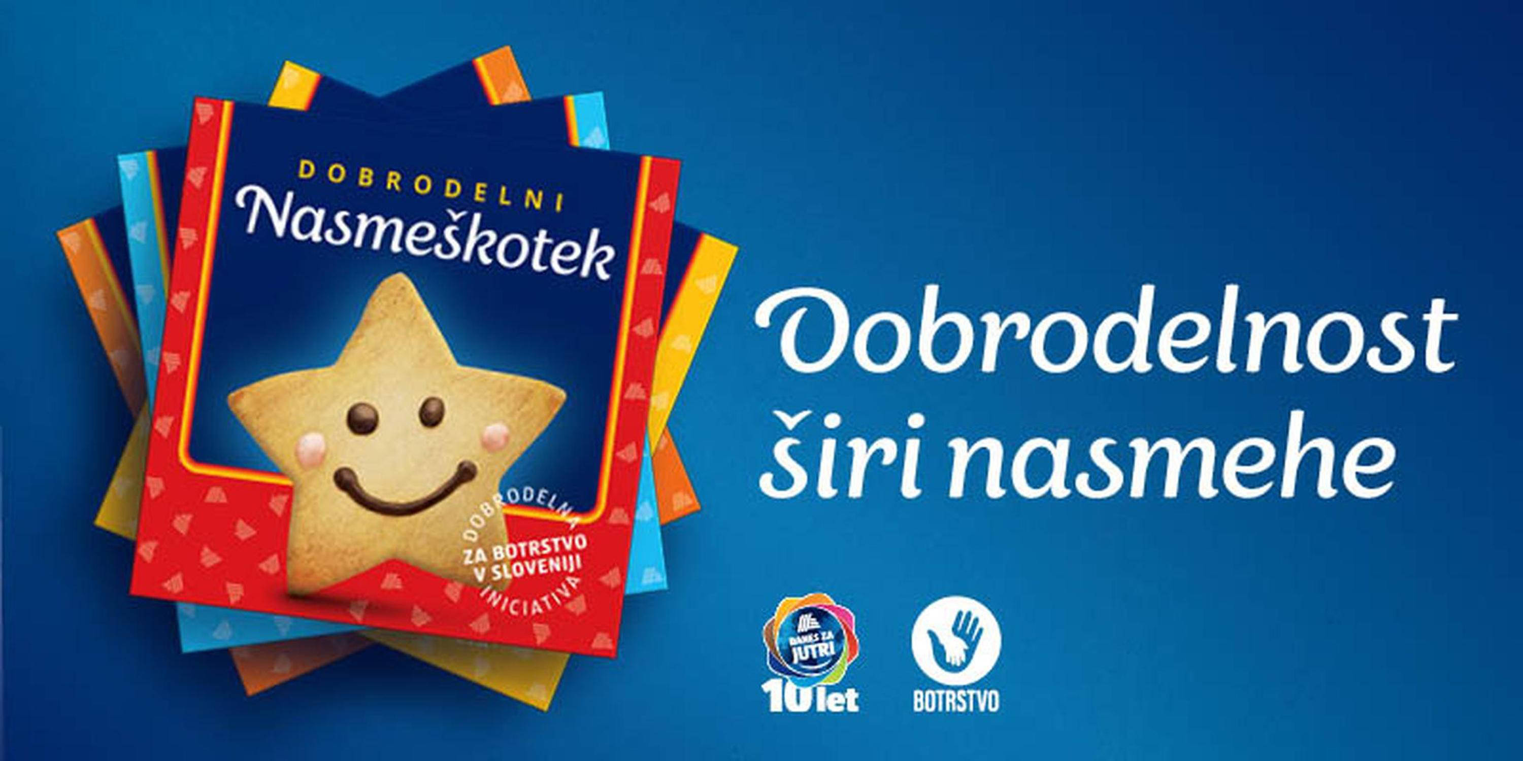Nasmeškotek v embalaži, napis: Dobrodelnost širi nasmehe