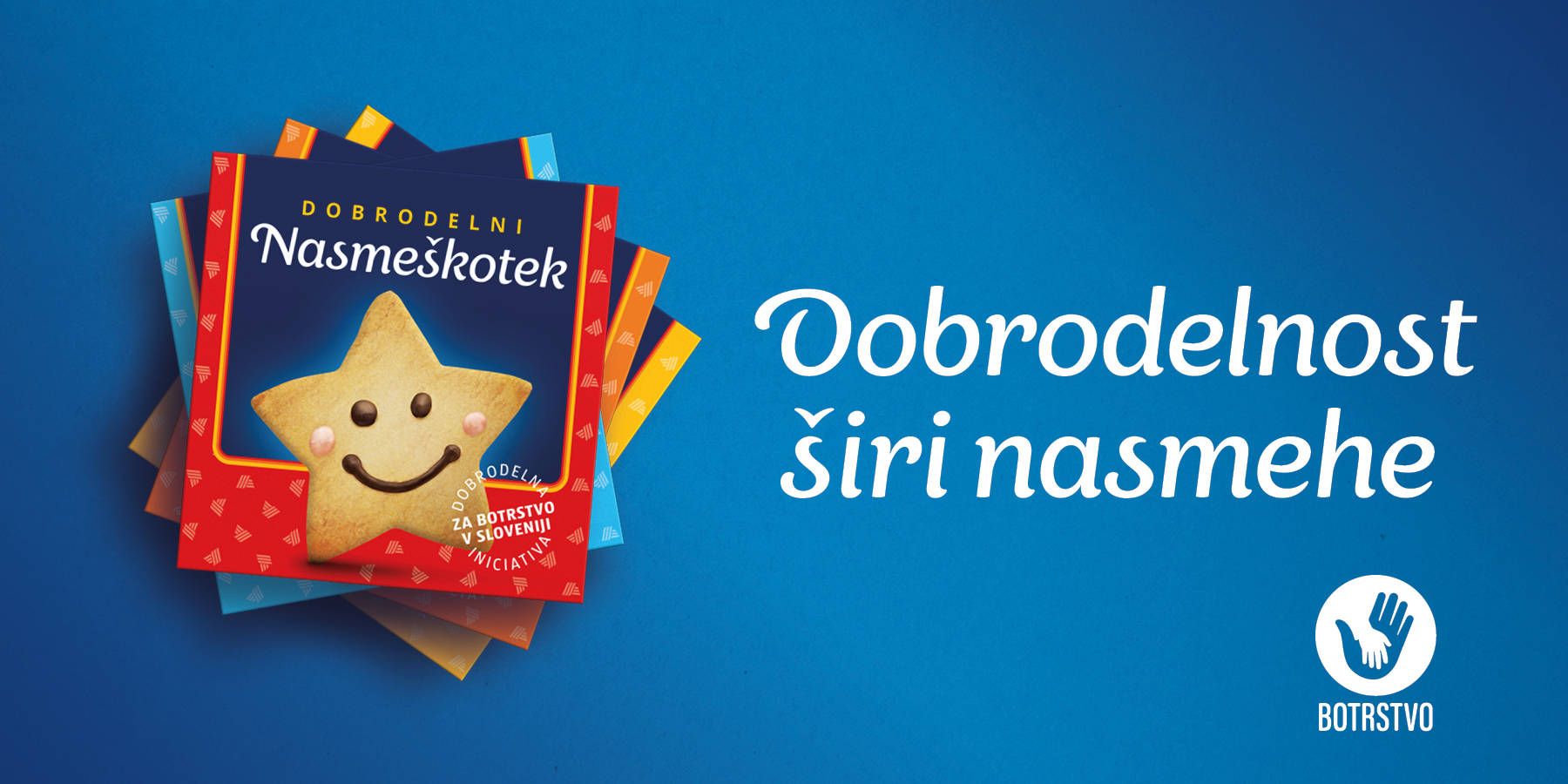 Nasmeškotek v embalaži, napis: Dobrodelnost širi nasmehe