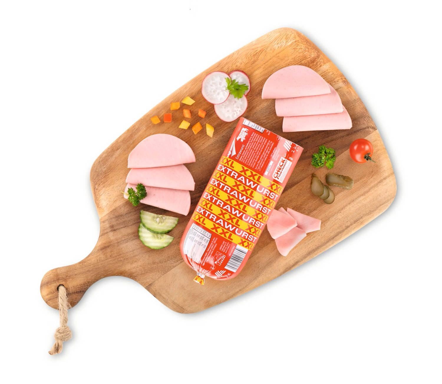 Extrawurst aufgeschnitten auf Holzbrett