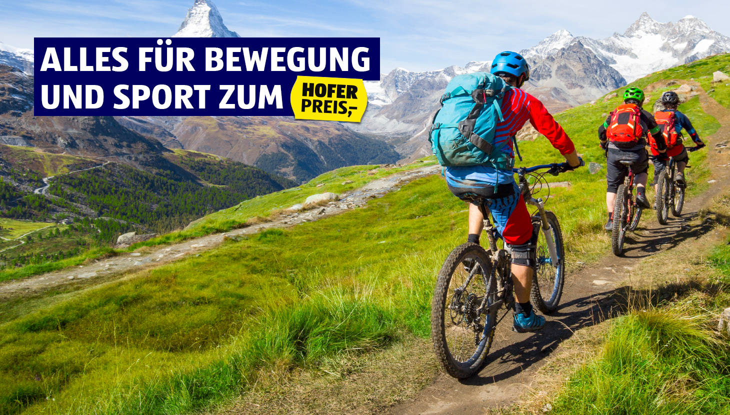 Drei Mountainbiker fahren auf einem Weg durch die Wiese. Im Hintergrund sieht man eine Berglandschaft.
