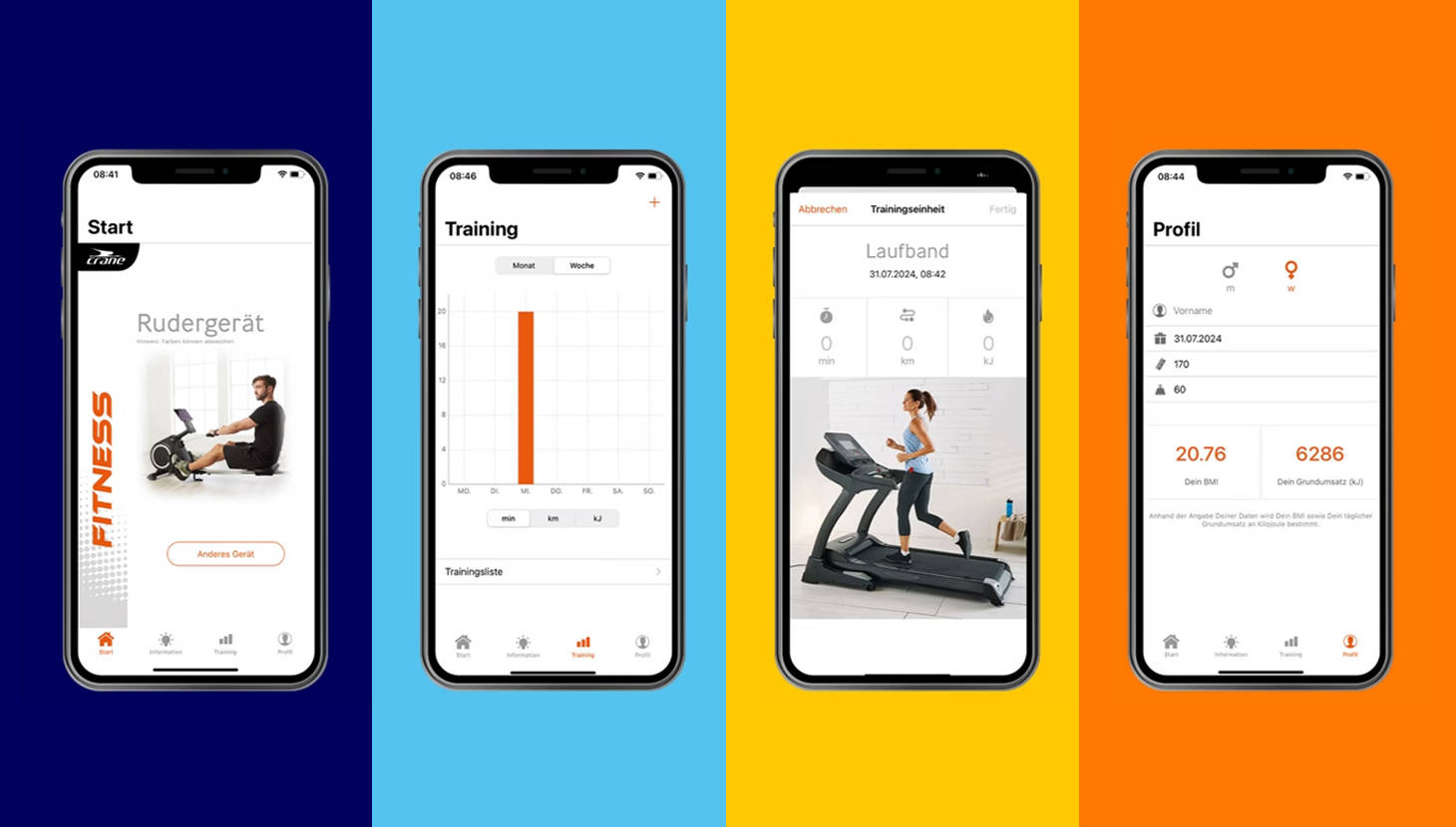 Vier Smartphones mit einer Beschreibung zur Funktion der App