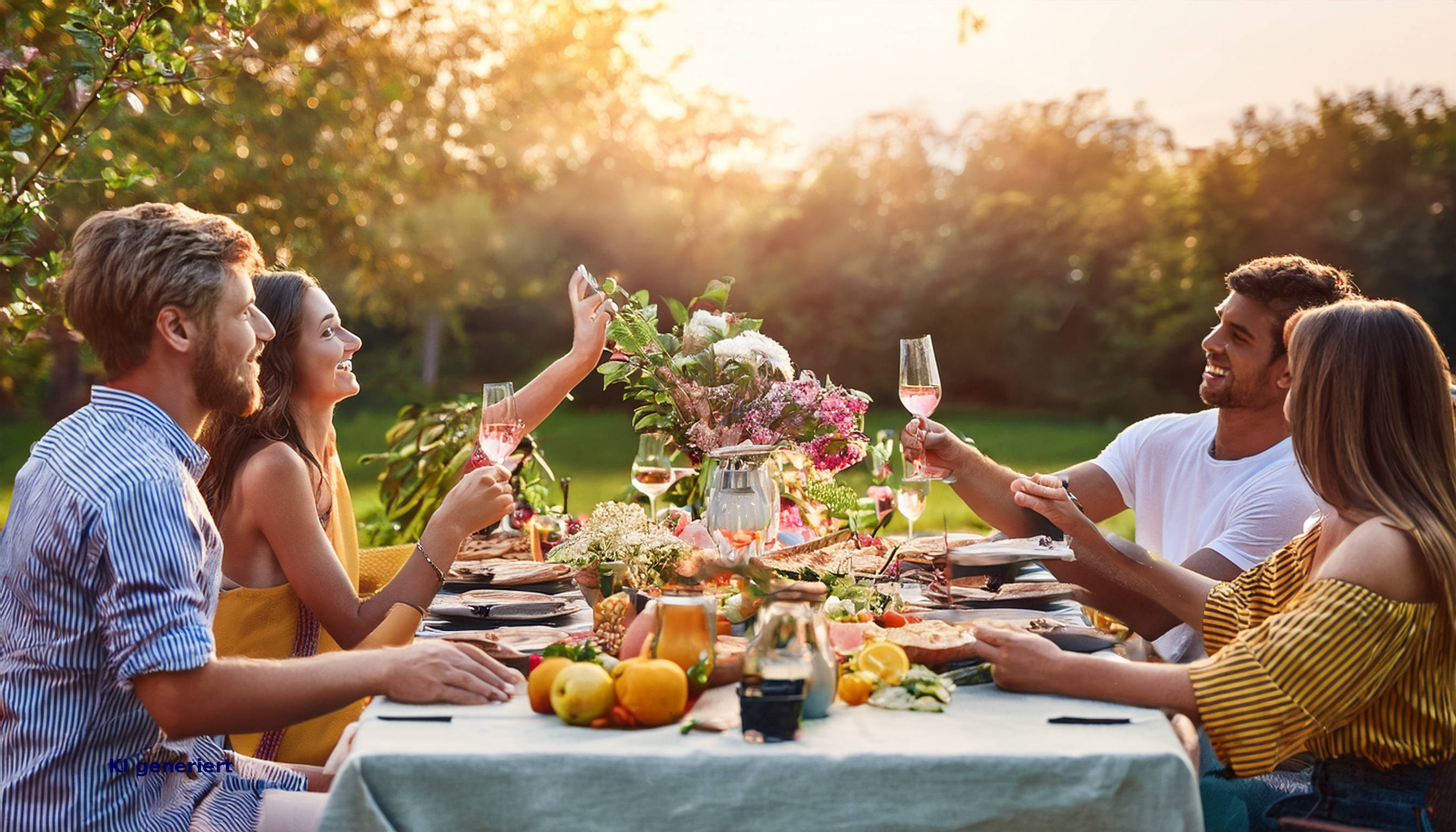zwei Frauen und zwei Männer sitzen an einem gedeckten Tisch im Garten