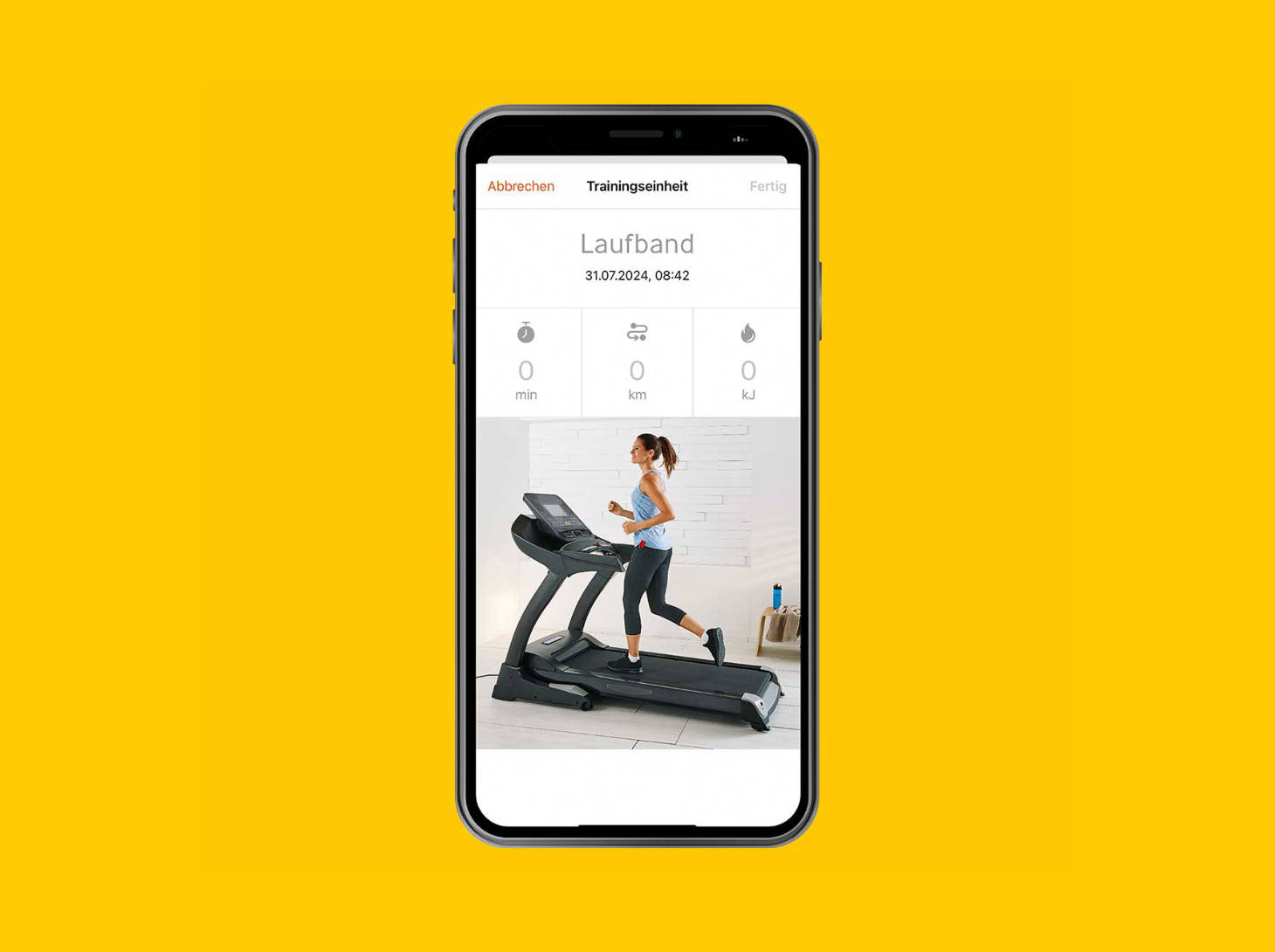 Smartphone mit Laufband und einer Frau am Display