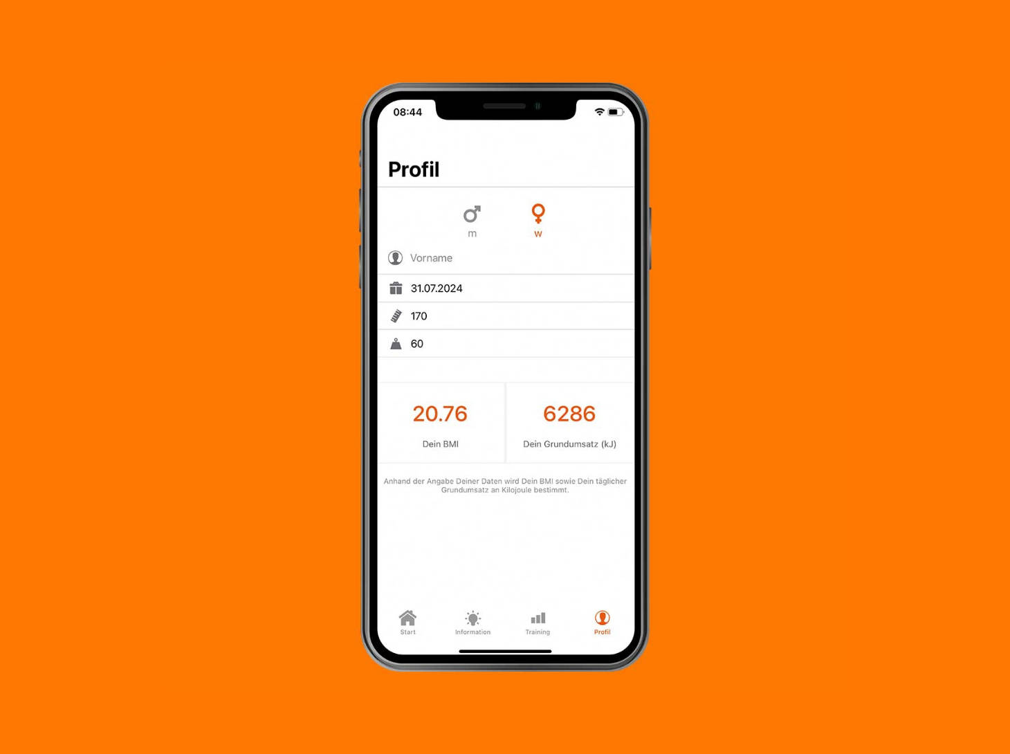 Smartphone mit Profildaten am Bildschirm