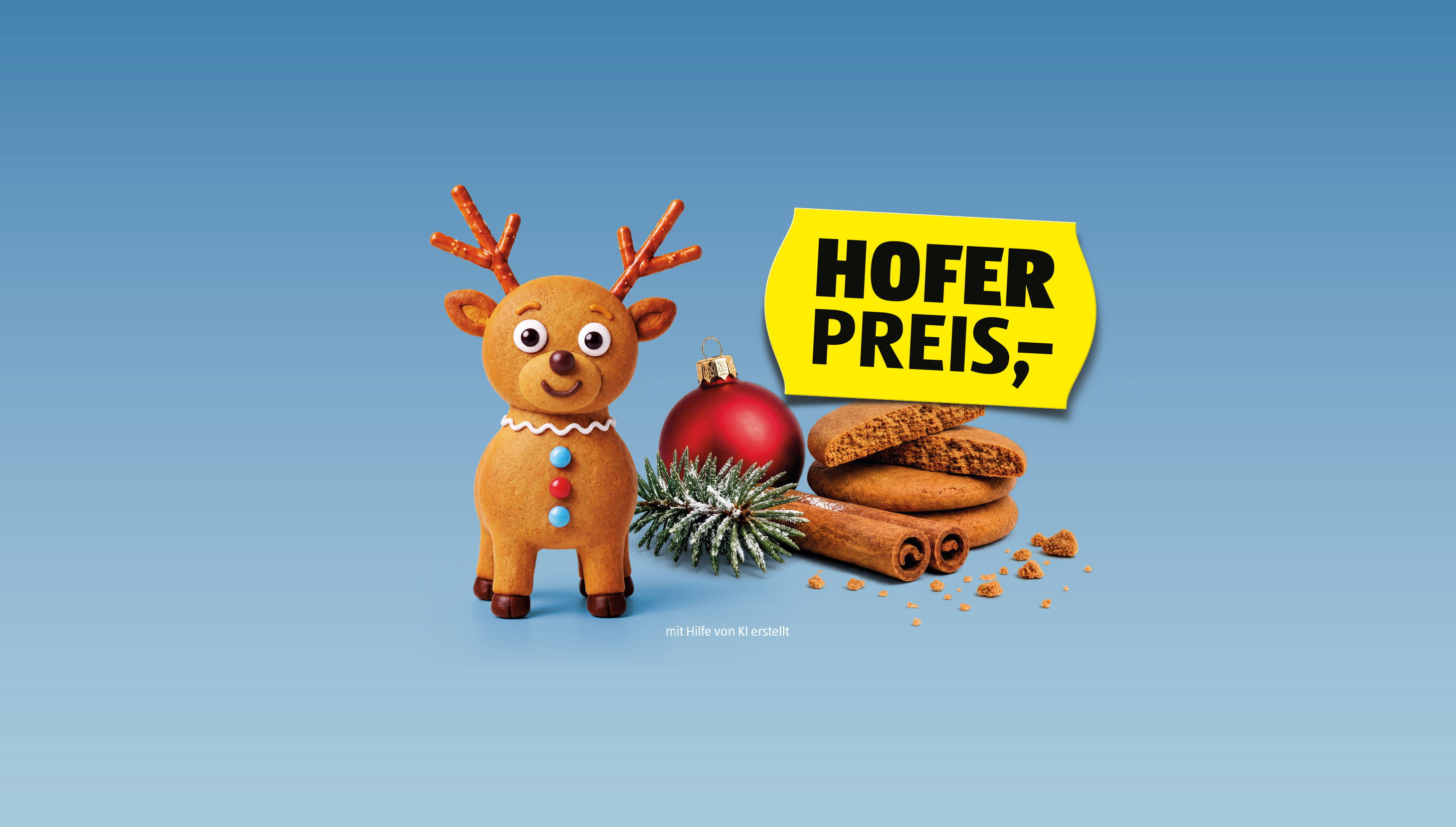 Lebkuchenrentier, rote Christbaumkugel, Tannenzweig, Zimtstangen, drei runde Lebkuchen, Preissticker mit HOFER PREIS