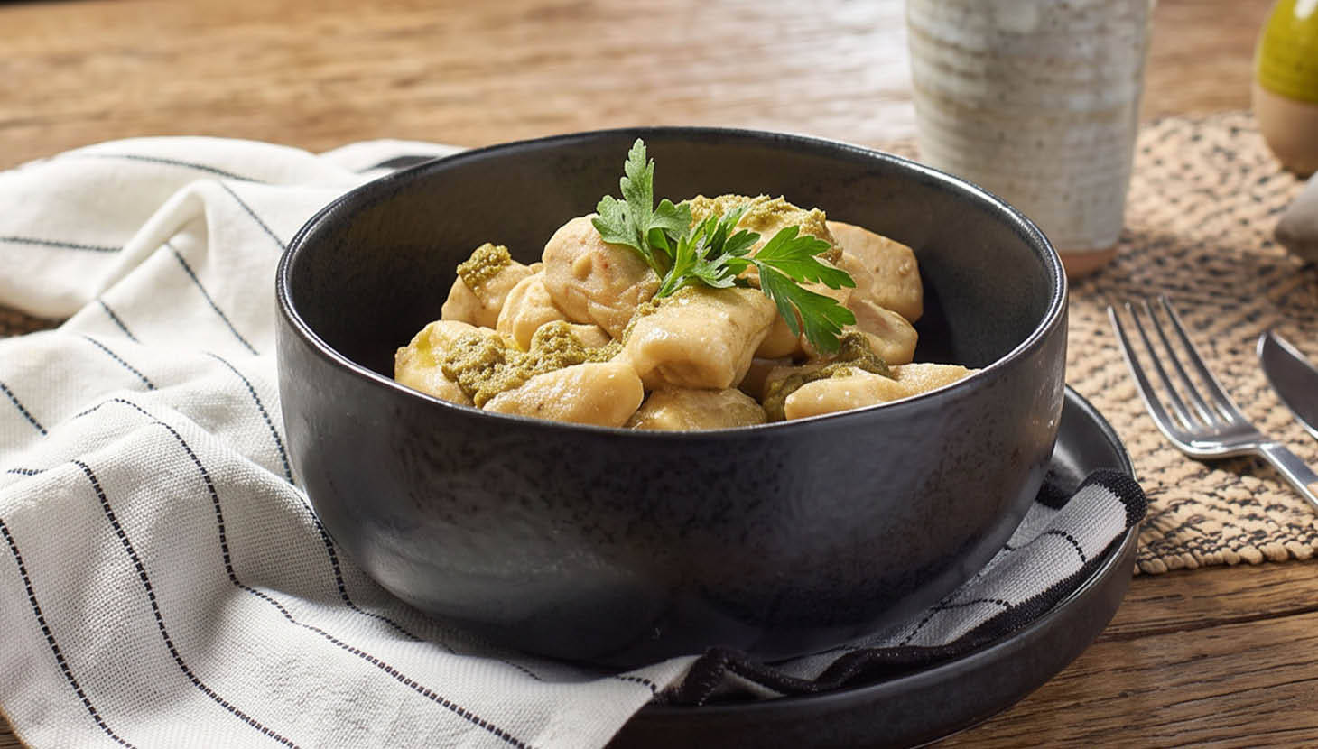 Gluténmentes gnocchi pesztós csirkemellel