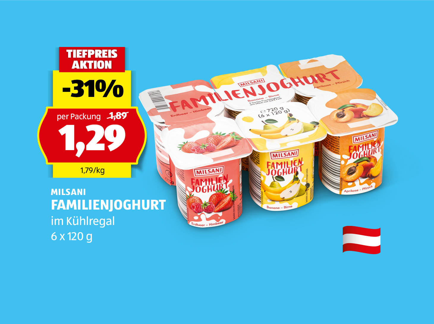 Milsani Familienjoghurt, 6 x 120 g, statt € 1,89 per Packung nur € 1,29