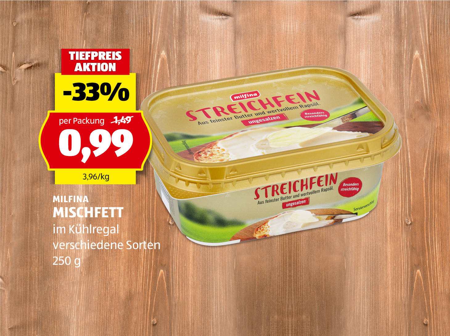 Milfina Mischfett, 250 g, in verschiedenen Sorten, statt € 1,49 per Packung nur € 0,99