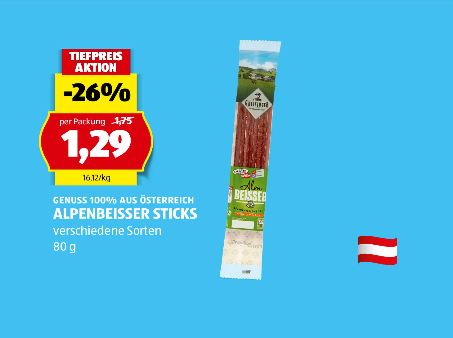 Genuss 100% aus Österreich, Alpenbeisser Sticks, 80 g, in verschiedenen Sorten erhältlich, € 1,29