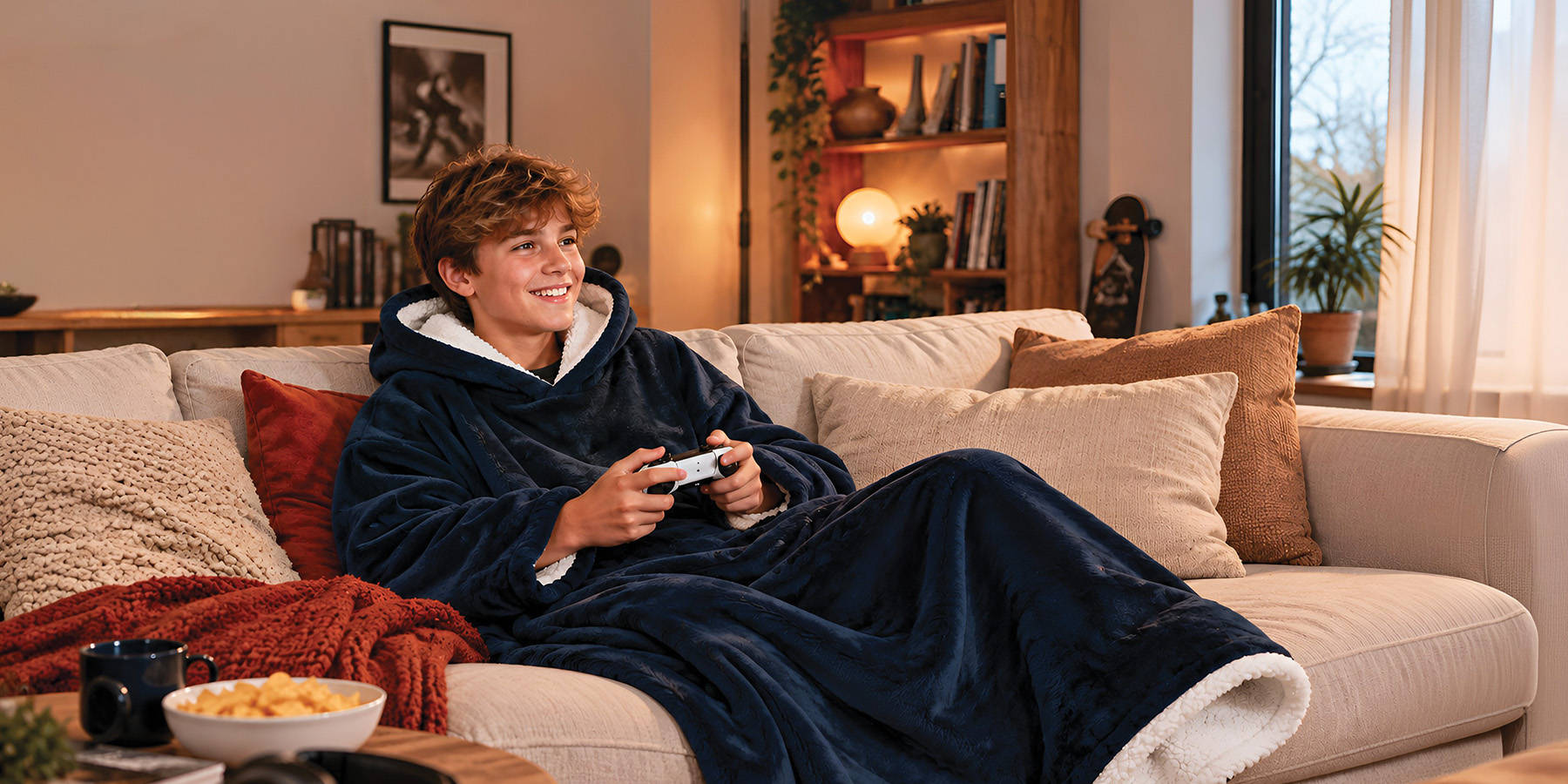 Mladostnik v deki sedi na kavču in igra playstation