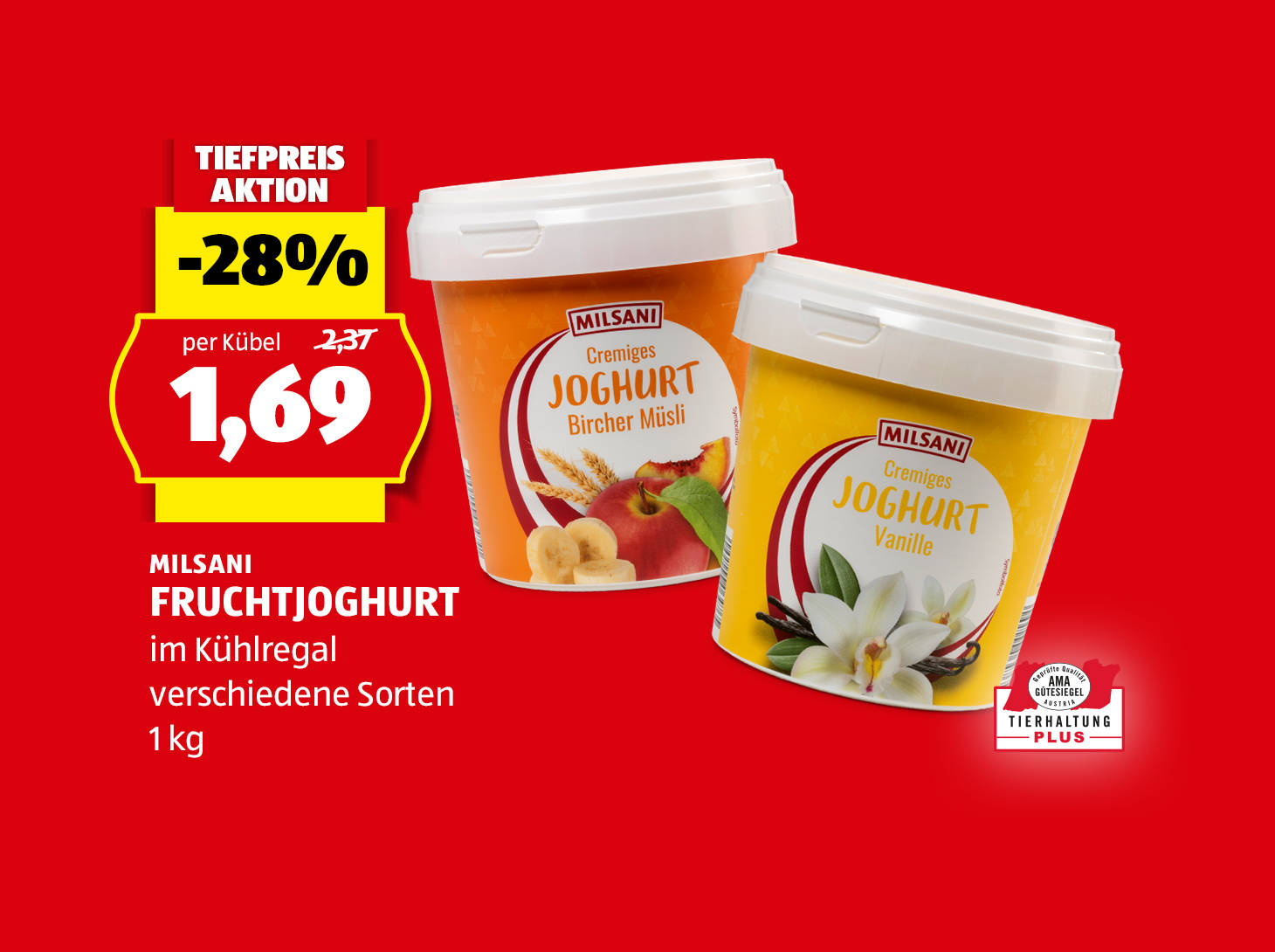 Milsani Fruchtjoghurt, 1 kg, in verschiedenen Sorten erhältlich, € 1,69