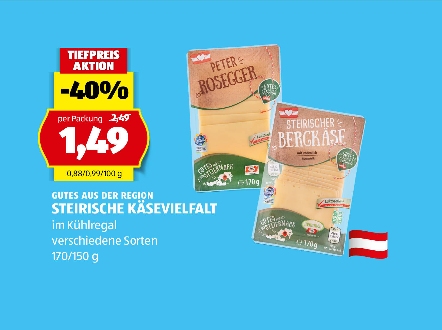 Gutes aus der Region, Steirische Käsevielfalt, 170/150 g, in verschiedenen Sorten erhältlich, € 1,49
