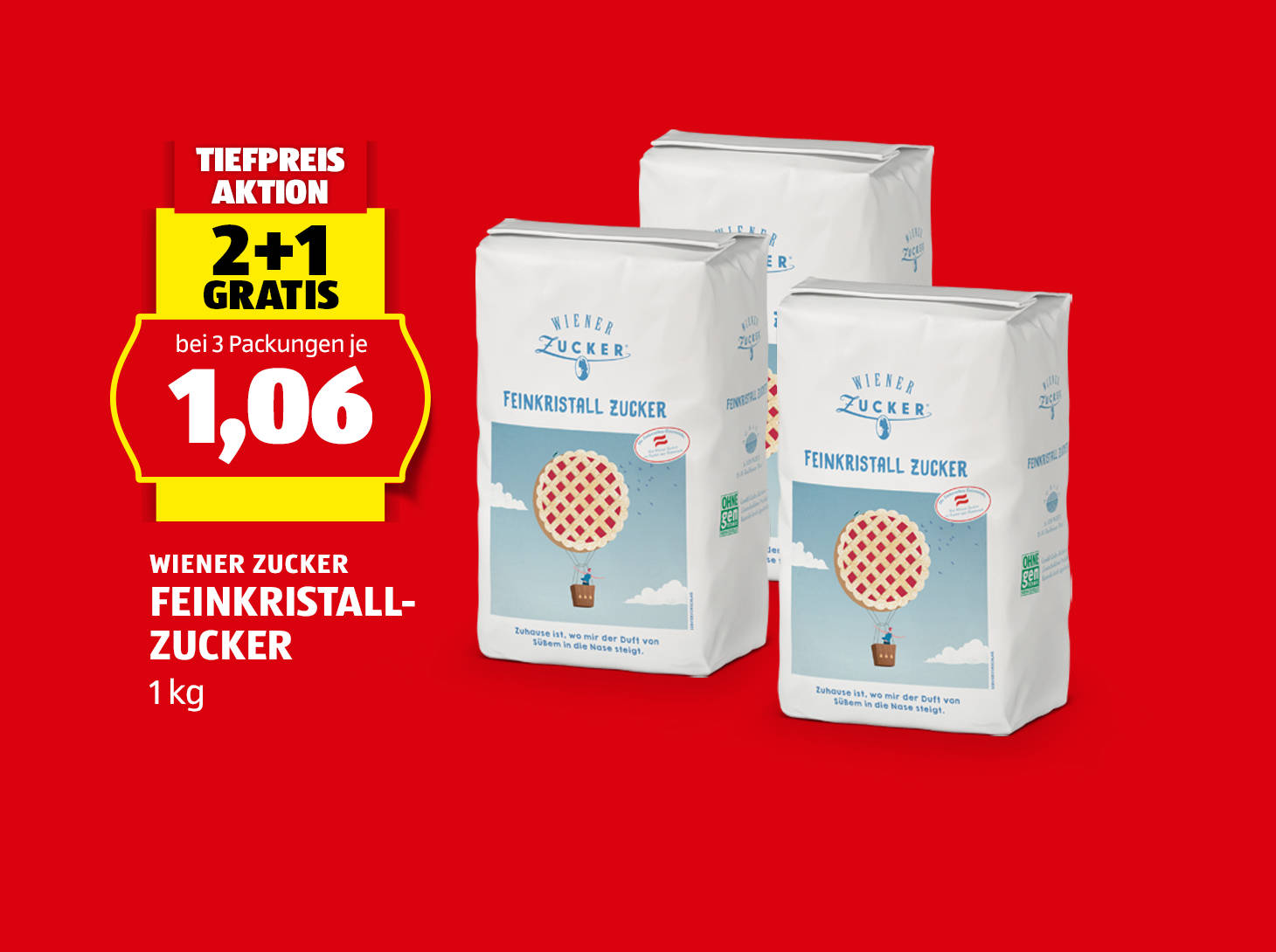 Wiener Zucker, Feinkristallzucker, 1 kg, bei 3 Packungen je € 1,06