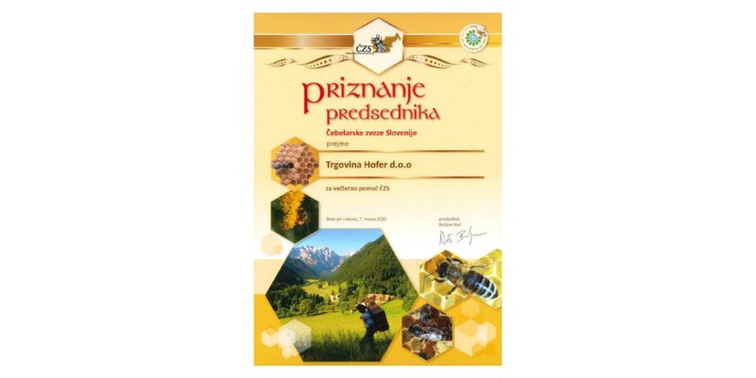 Priznanje za podporo Čebelarski zvezi Slovenije