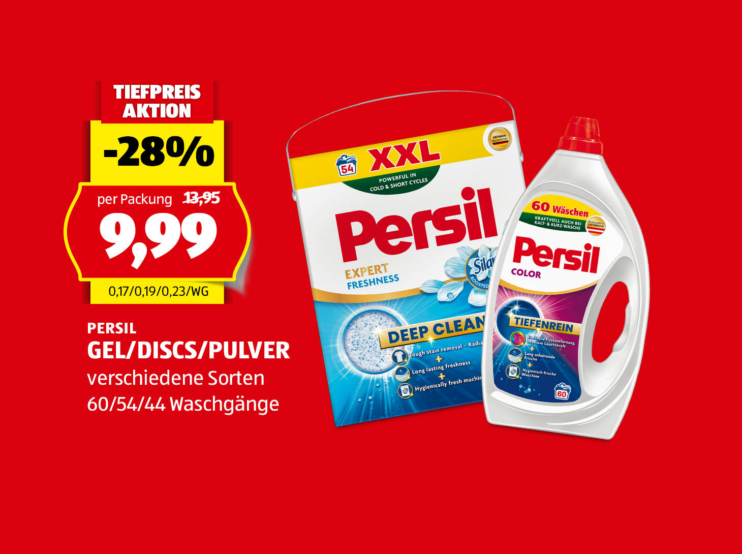 Persil Gel/Discs/Pulver, 60/54/44 Waschgänge, in verschiedenen Sorten, statt € 13,95 per Packung nur € 9,99