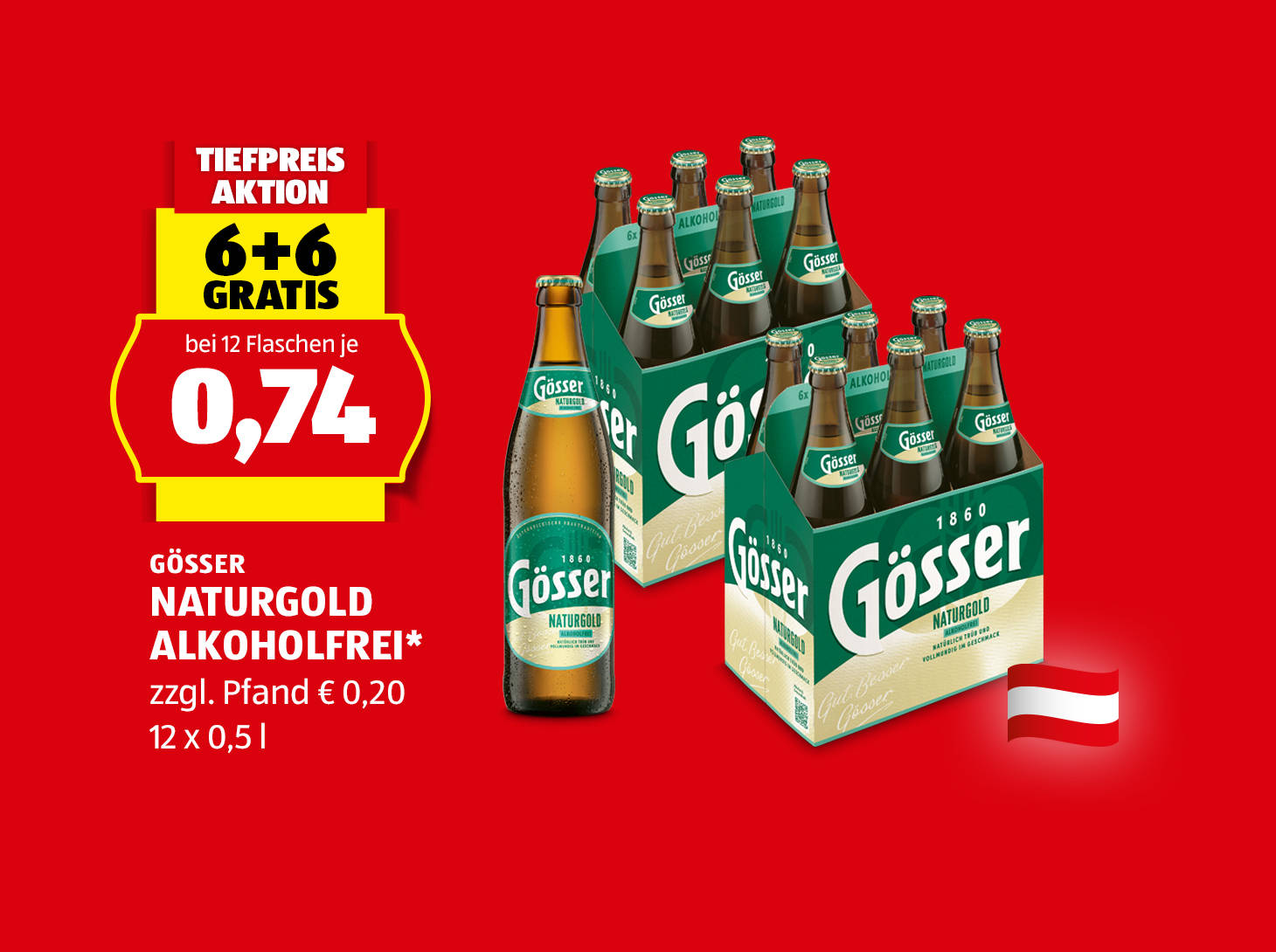 Gösser, Naturgold Alkoholfrei*, 12 x 0,5 l, 6+6 gratis € 0,74