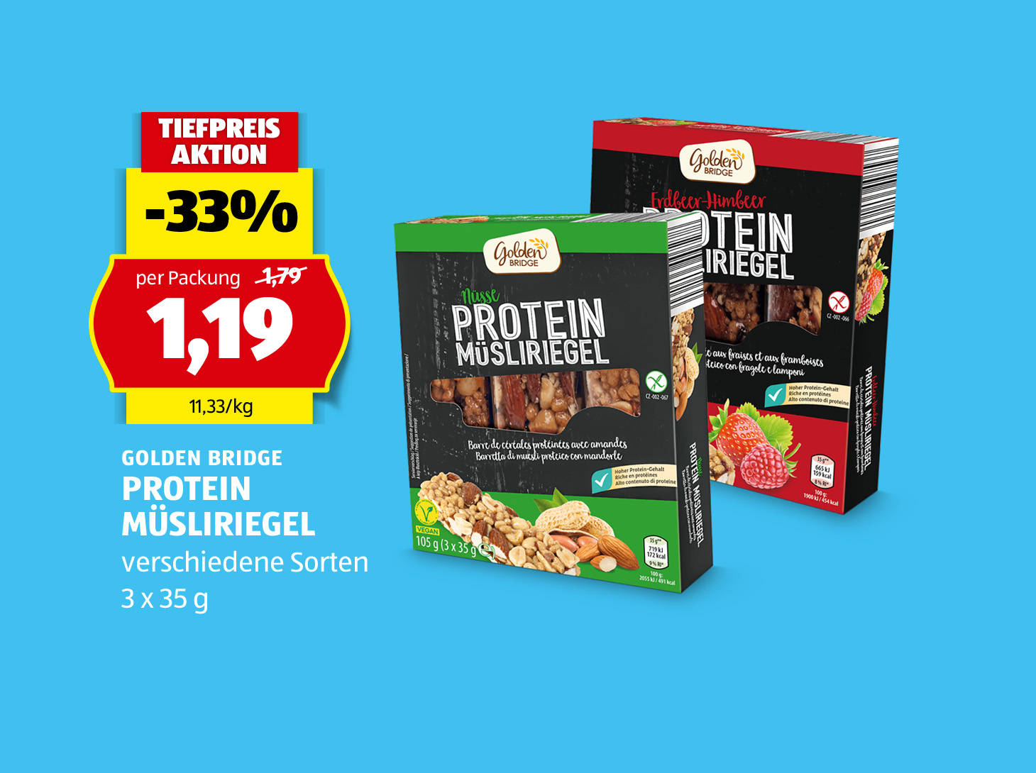 Golden Bridge Protein Müsliriegel, € 1,19