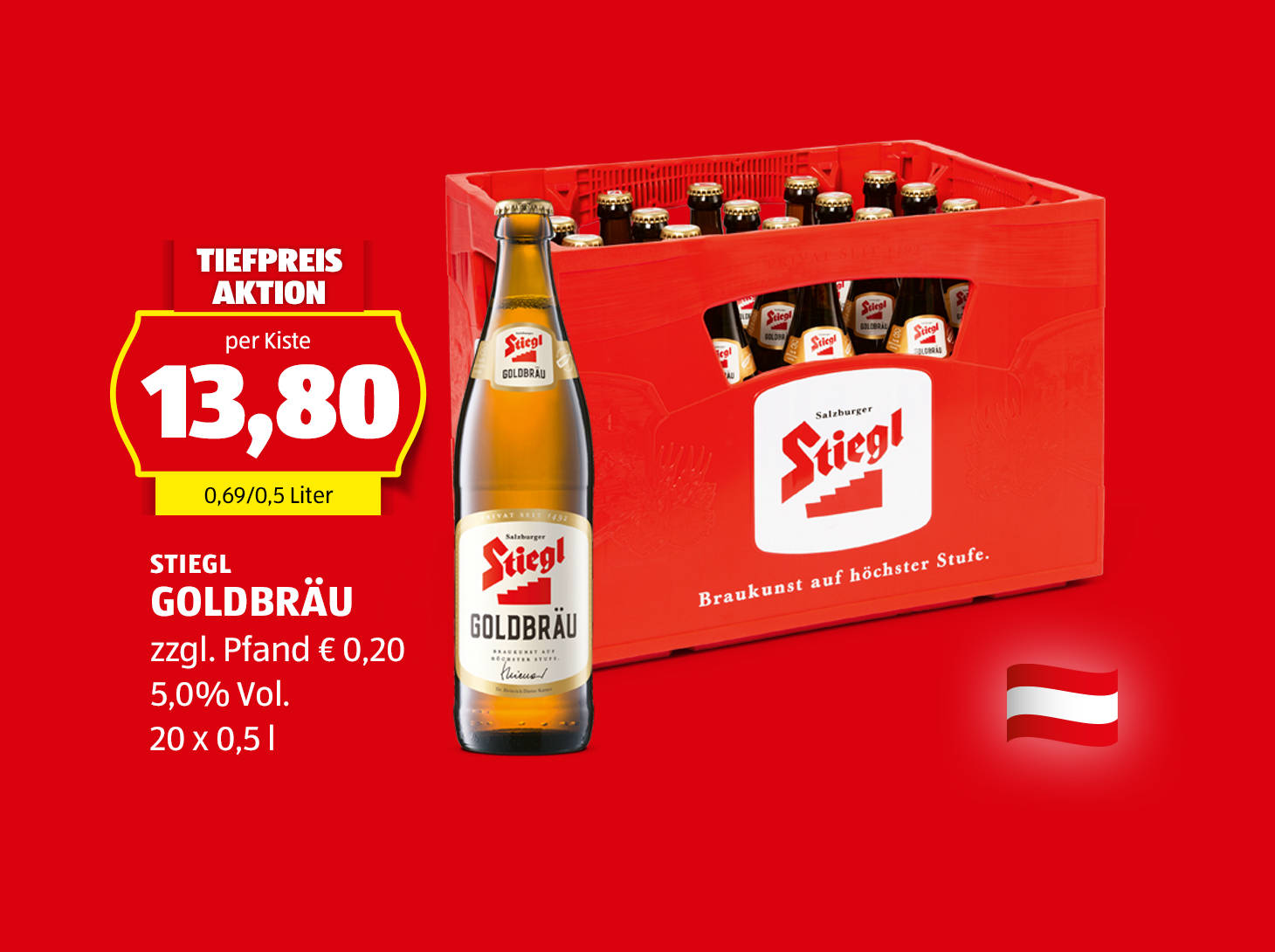 Stiegl Goldbräu Kiste, 20 x 0,5 l, € 13,80