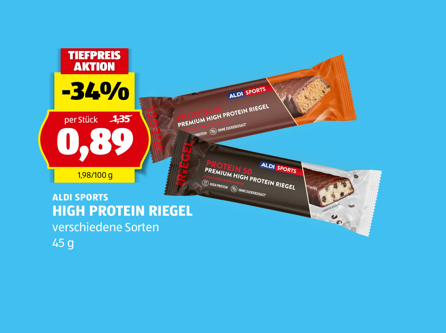 Aldi Sports, High Protein Riegel, 45 g, in verschiedenen Sorten erhältlich, € 0,89
