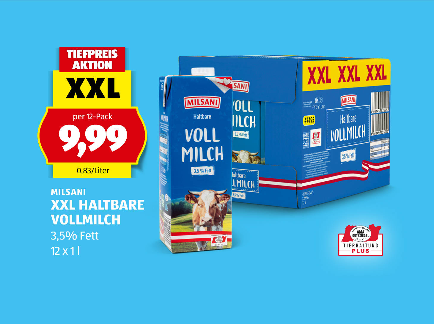 Milsani, XXL Haltbare Vollmilch, 12 x 1 l, 3,5% Fett, € 9,99