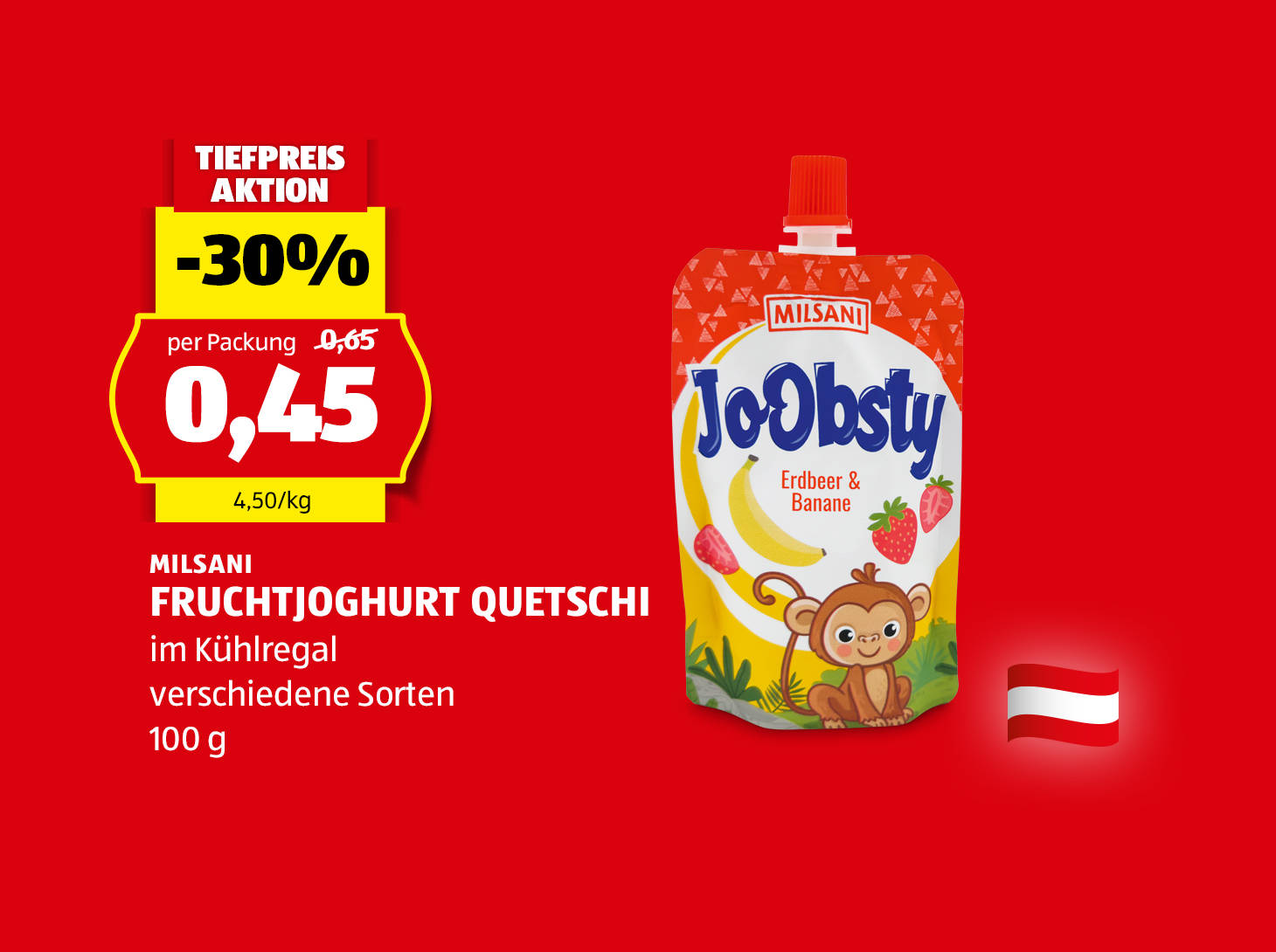 Milsani Fruchtjoghurt Quetschi, € 0,45