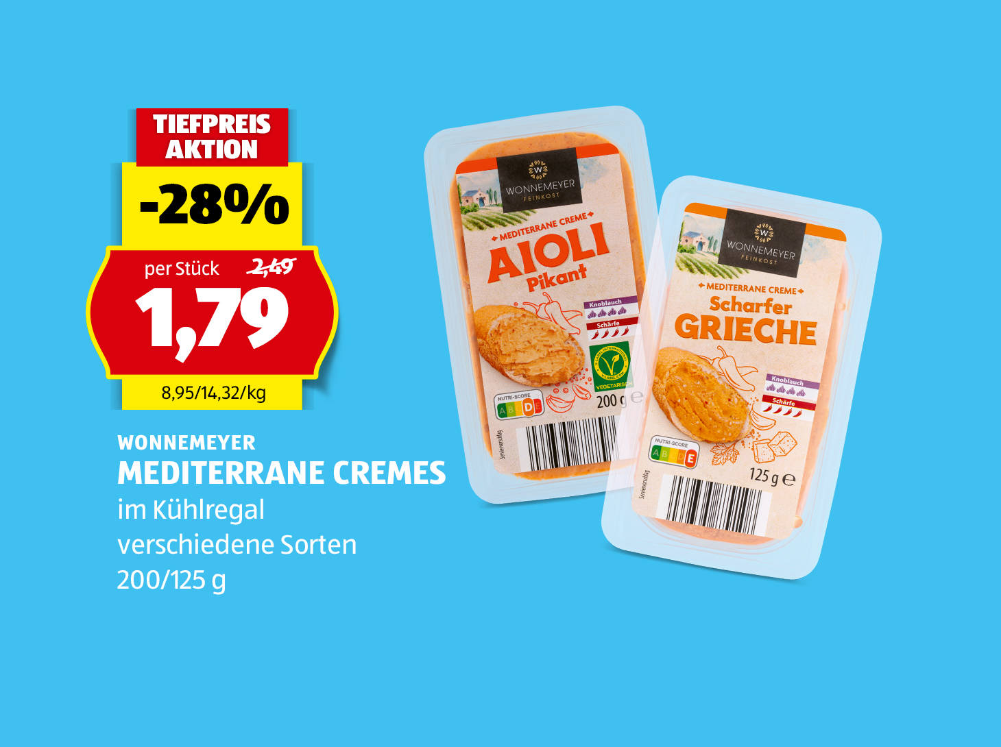 Wonnemeyer, Mediterrane Cremes, 200/125 g, in verschiedenen Sorten erhältlich, € 1,79