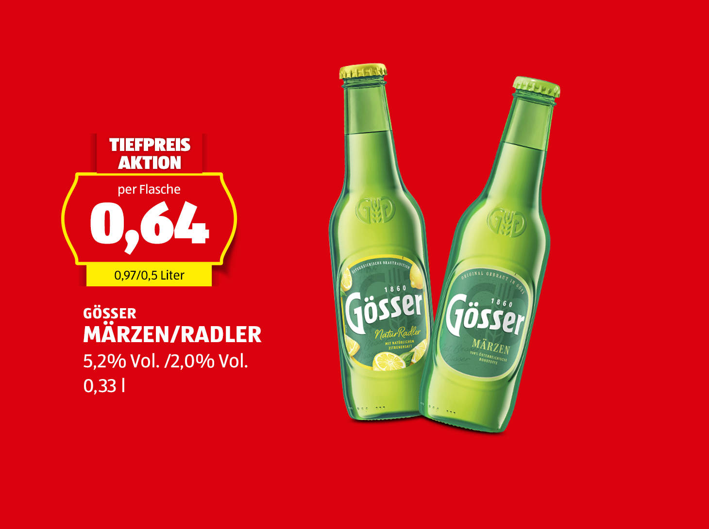 Gösser Märzen/Radler, 0,33 l., 5,2% Vol. /2,0% Vol., per Flasche nur € 0,64