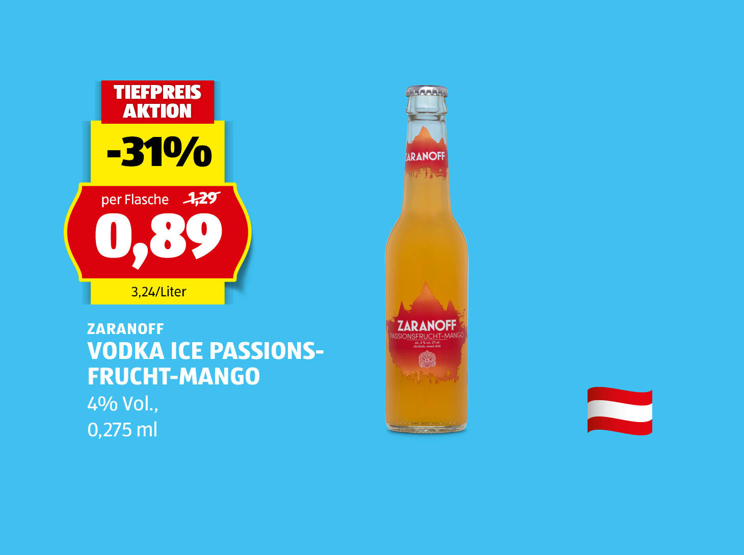 Zaranoff Vodka Ice Passionsfrucht-Mango, € 0,89