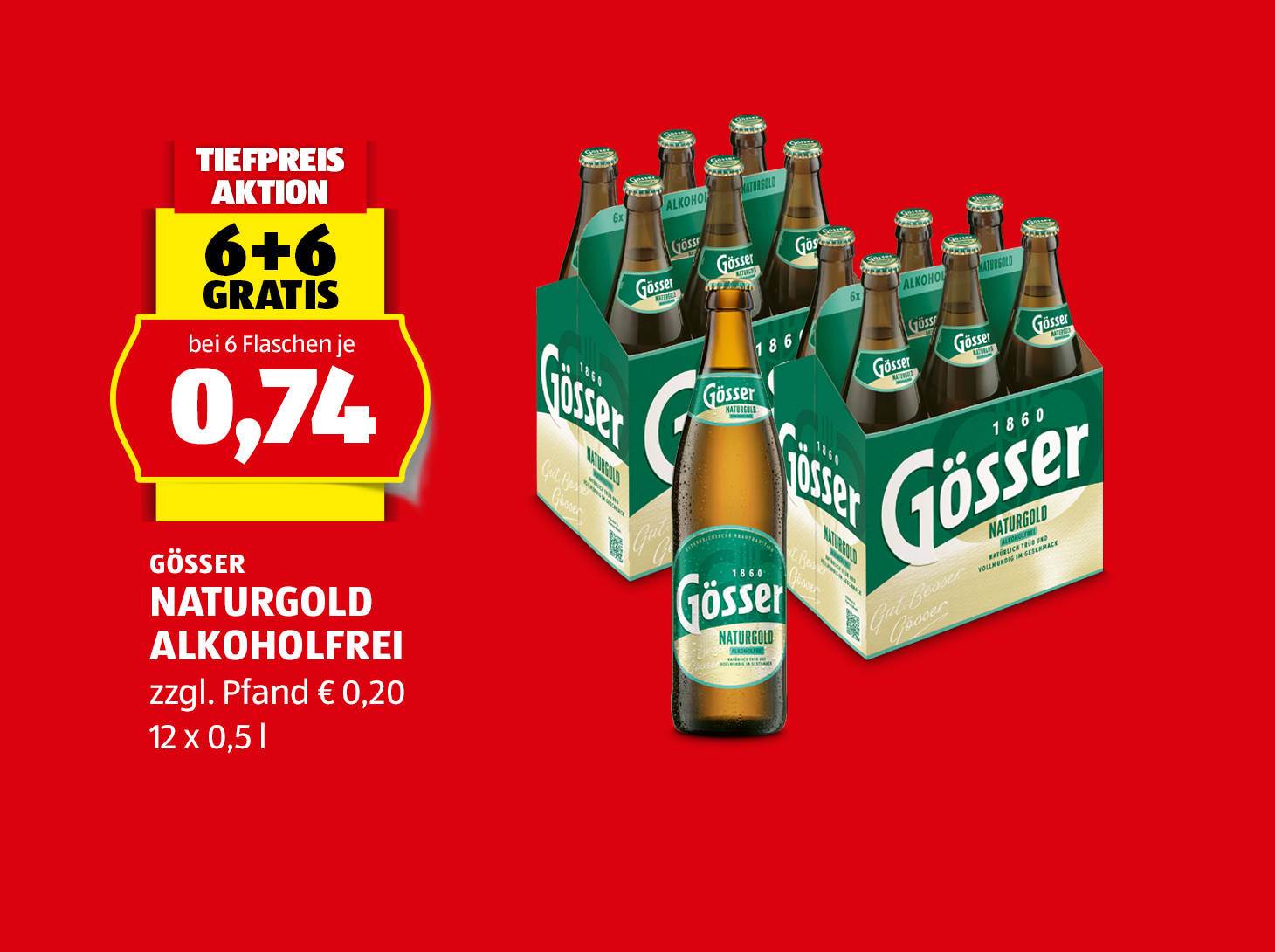 Gösser Naturgold Alkoholfrei, 12 x 05 l, 6+6 gratis bei 6 Flaschen je € 0,74
