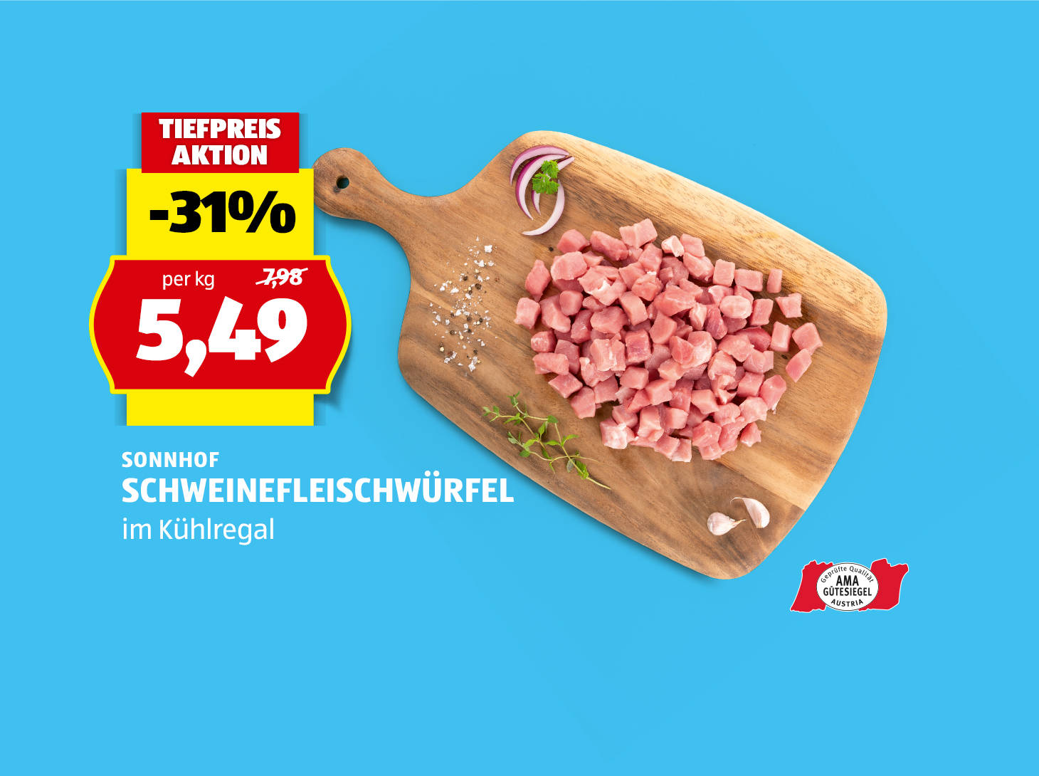 Sonnhof Schweinefleischwürfel, statt € 7,98 per kg nur € 5,49