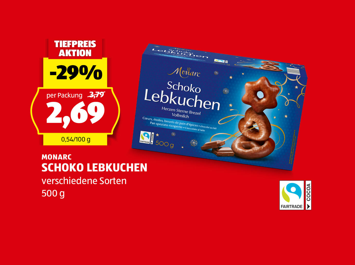 Monarc Schokolebkuchen, 500 g, in verschiedenen Sorten, statt € 3,79 per Packung nur € 2,69
