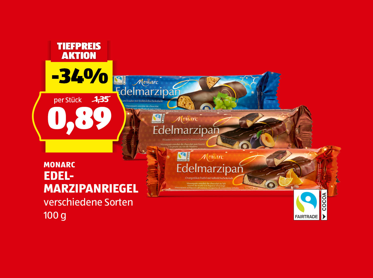 Monarc, Edelmarzipan Riegel, 150 g, in verschiedenen Sorten erhältlich, € 0,89