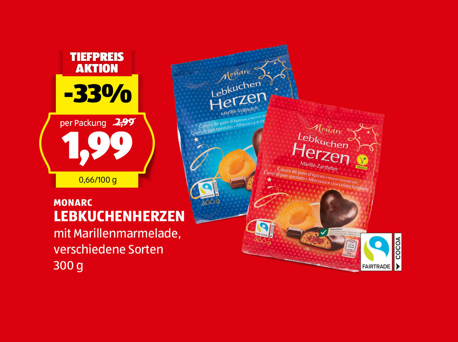 Monarc Lebkuchenherzen, 300 g, in verschiedenen Sorten, statt € 2,99 per Packung nur € 1,99