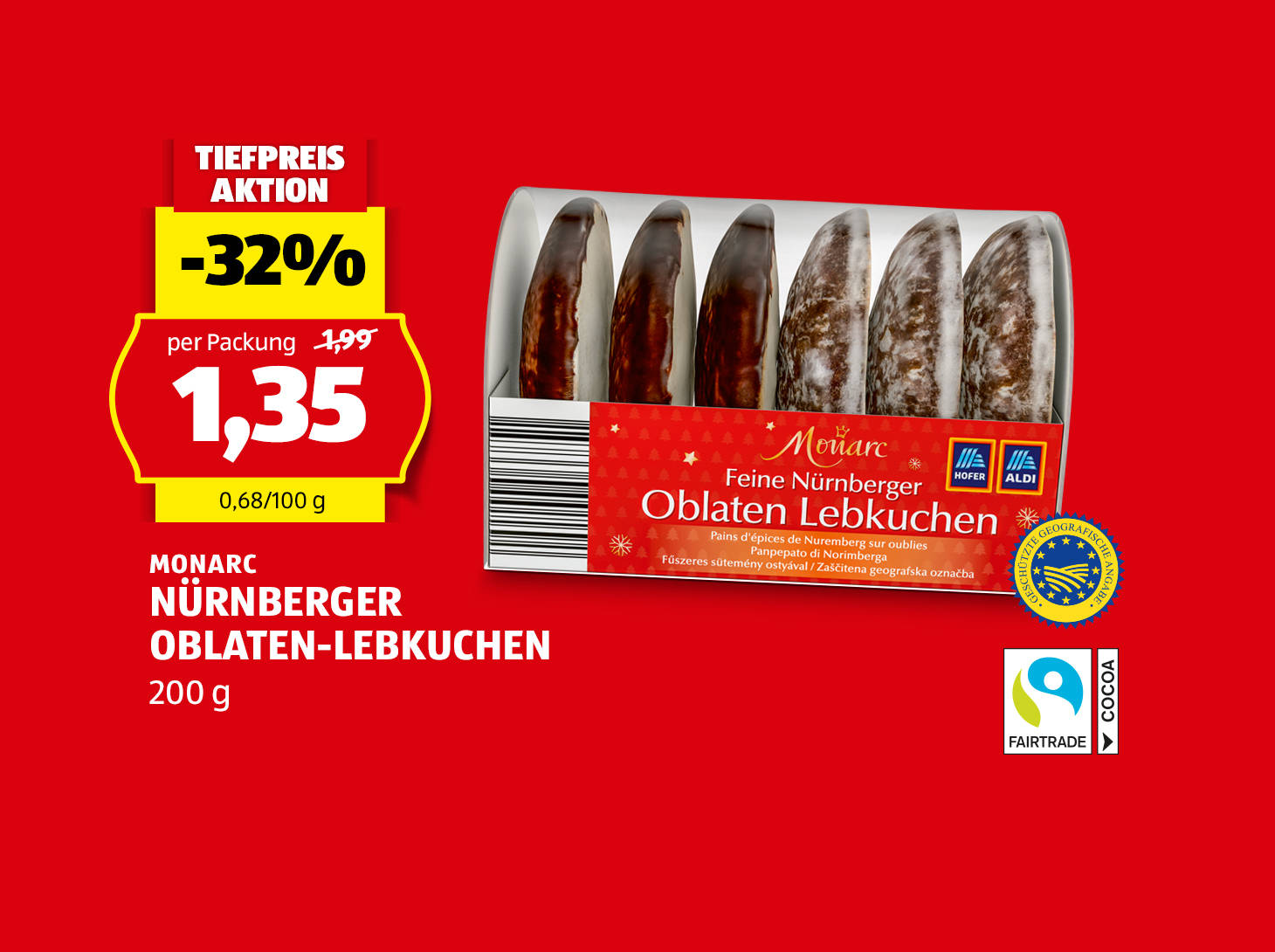 Monarc Nürnberger Oblaten-Lebkuchen, 200 g, statt € 1,99 per Packung nur € 1,35