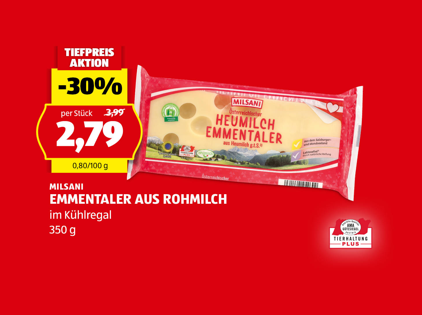 Milsani, Emmentaler aus Rohmilch, 350 g, € 2,79