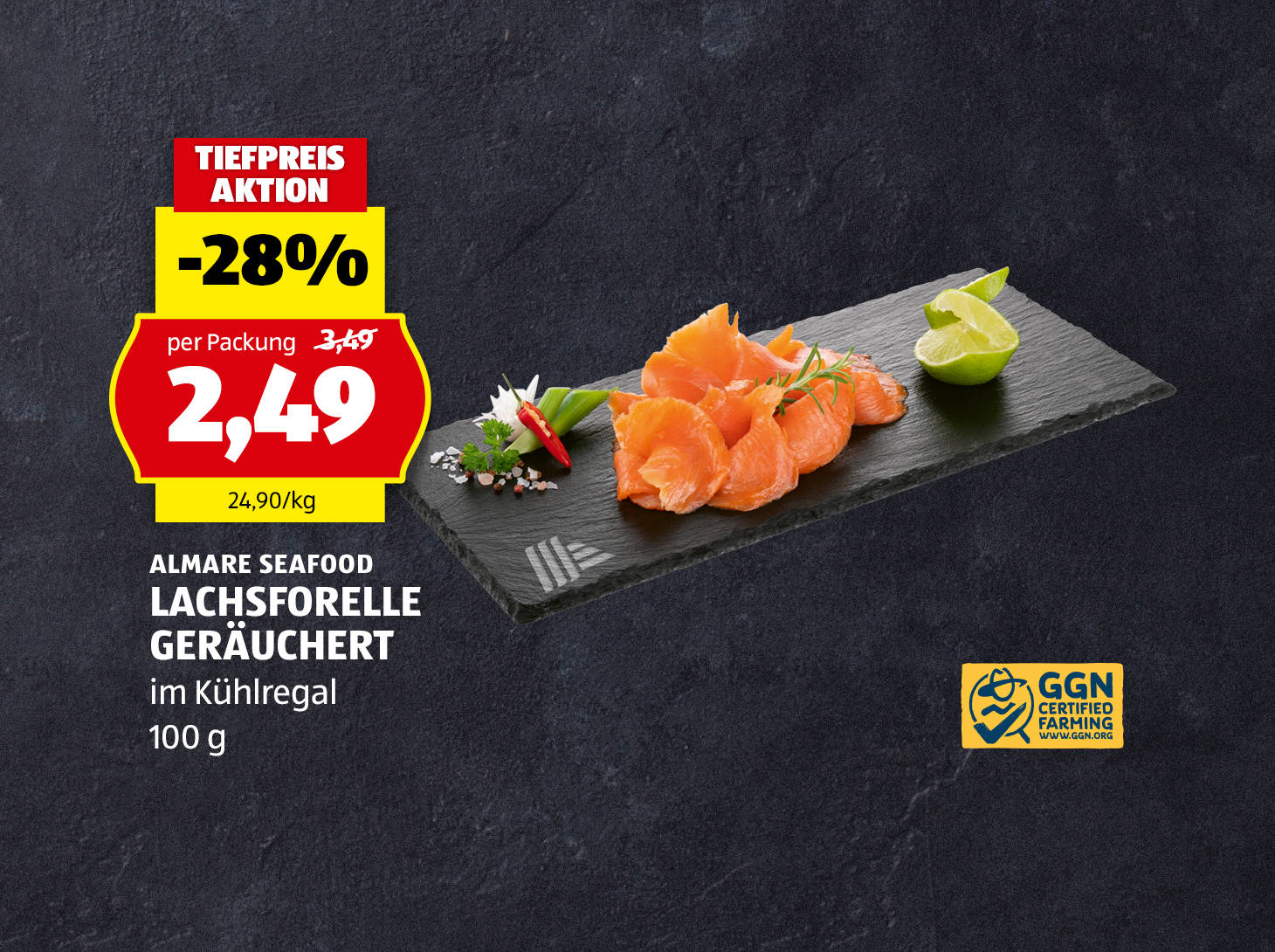 Almare Seafood, Lachsforelle gräuchert, 100 g, € 2,49