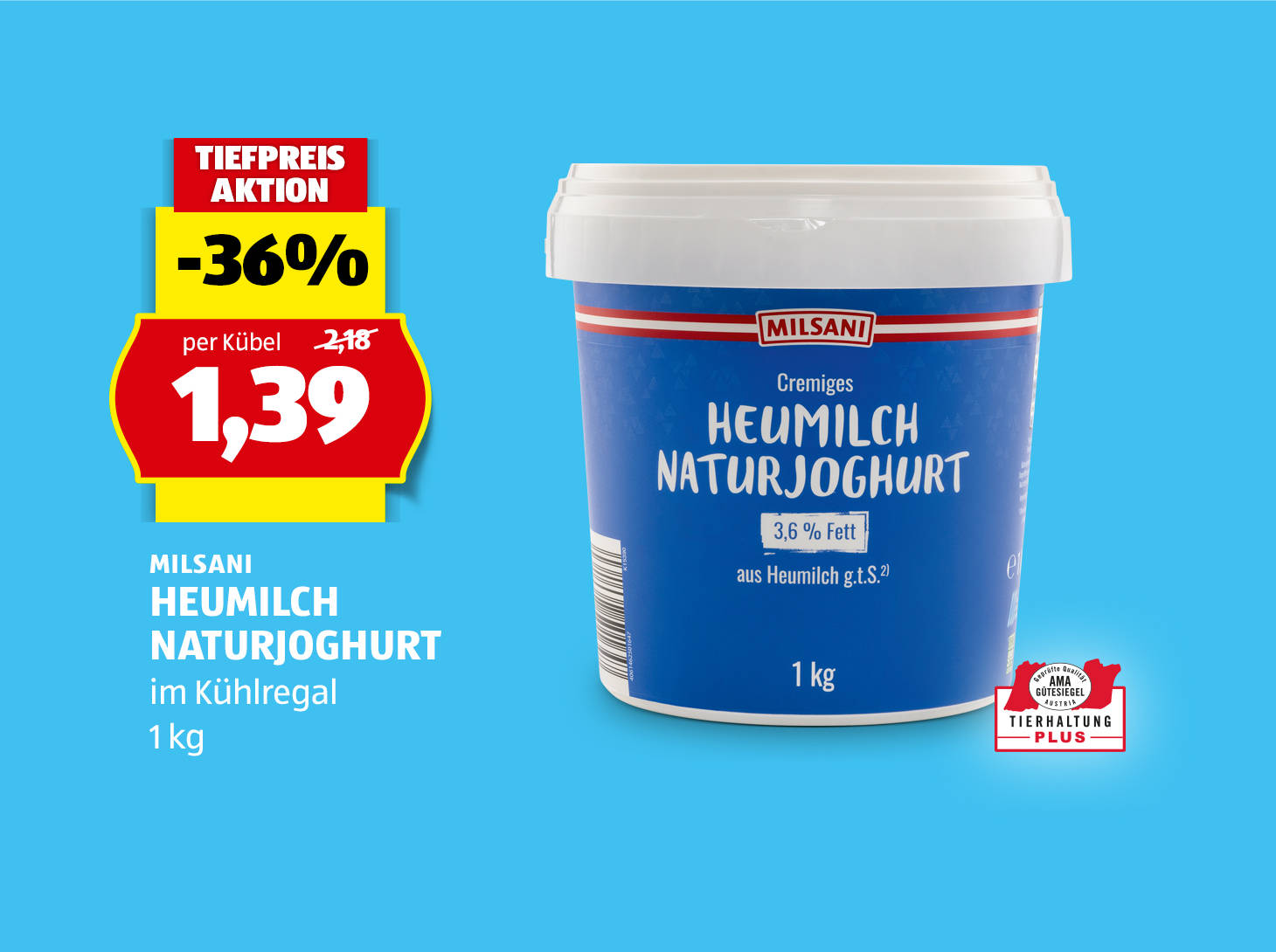 Milsani, Heumilch Naturjoghurt, 1 kg, € 1,39