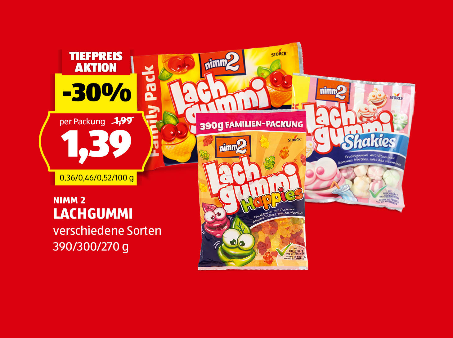 Nimm 2, Lachgummi, 390/300/270 g, in verschiedene Sorten erhältlich, € 1,39