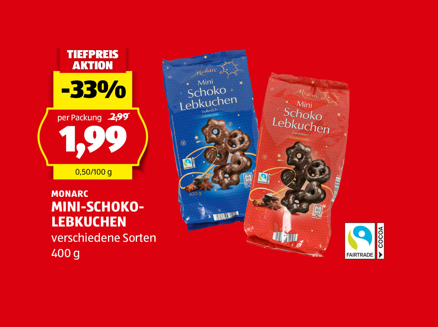 Monarc Mini-Schoko-Lebkuchen, 400 g, in verschiedenen Sorten, statt € 2,99 per Packung € 1,99