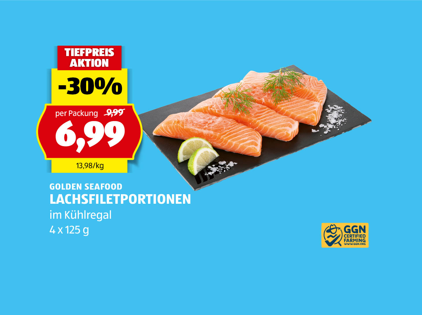 Golden Seafood, Lachsfilet-Portionen, 4 x 125 g, € 6,99