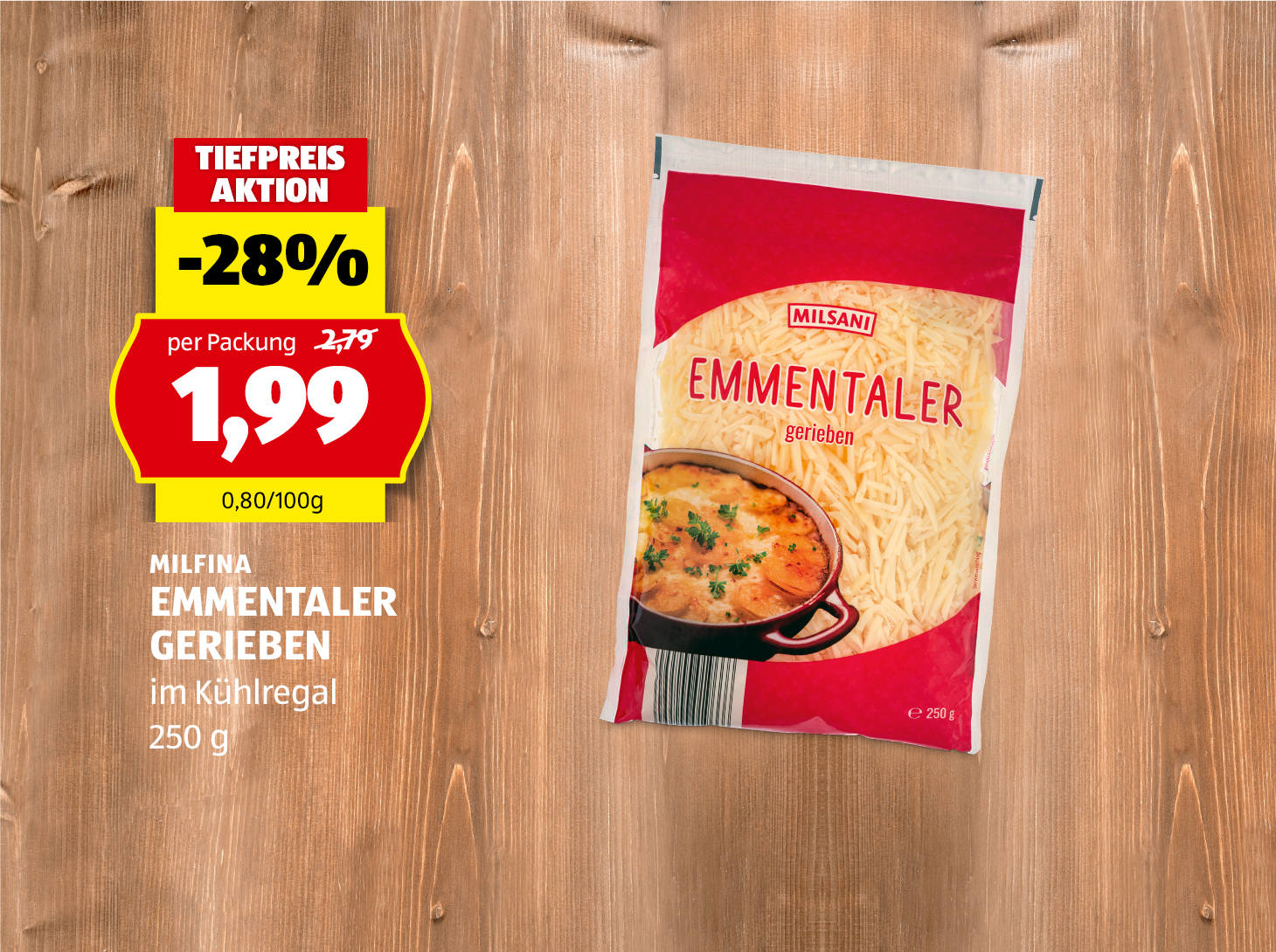 Milsani Emmentaler gerieben, 250 g, statt € 2,79 per Packung nur € 1,99