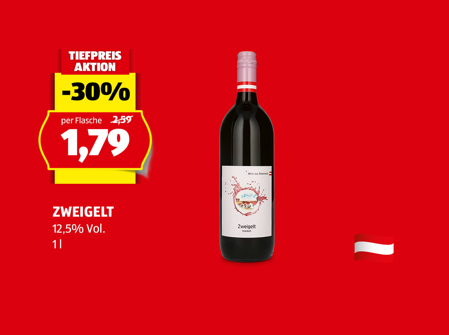 Zweigelt, 1 l, 12,5% Vol., statt € 2,59 per Flasche nur € 1,79